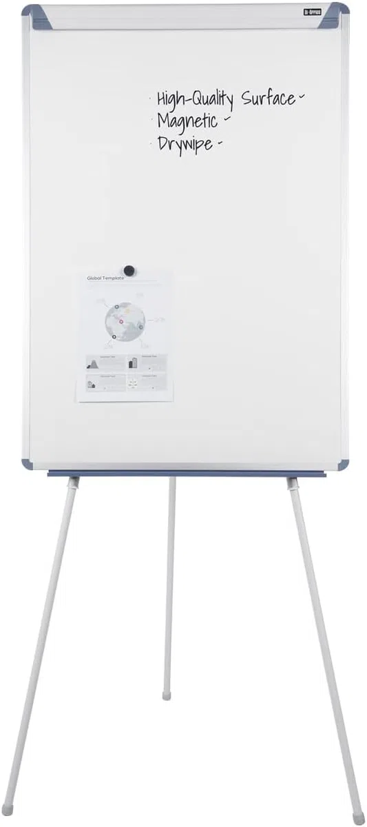 Bi-Joy Pizarra Blanca Magnética con Caballete Trípode, 70 x 100 cm, Marco Gris y azul, con Bandeja y Clip Ajustable para Bloques