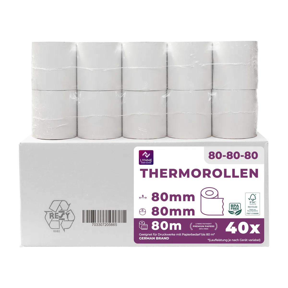 LYNNE - Rollos Papel Termico 80x80 para Impresora de Tickets - Para caja registradora con impresora de recibos - Papel impresora Termica 80x80x12 - Rollo Papel térmico 80mm x 80mm x 80m - [40x]