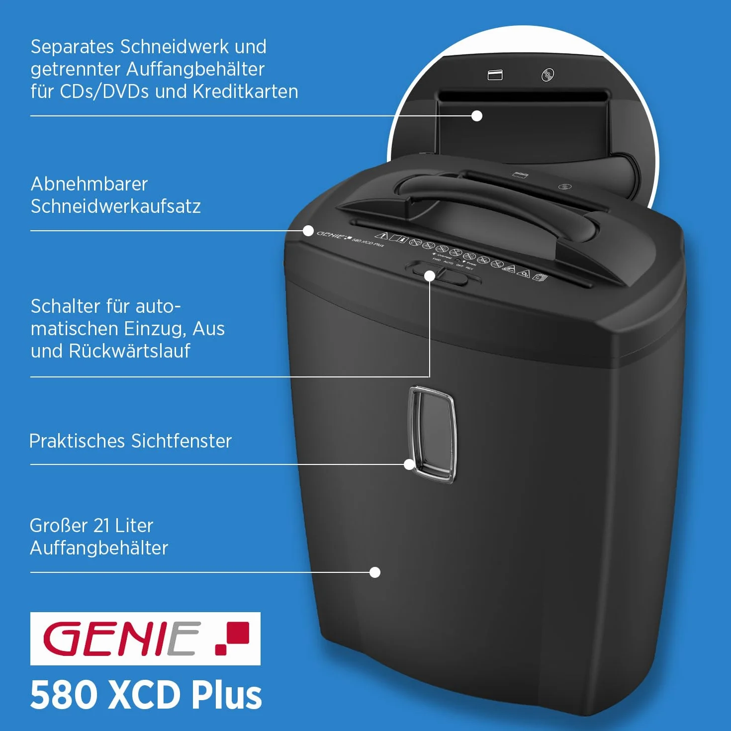 Genie 580 XCD Plus - Destructora de Documentos, Corte Transversal, Capacidad para 10 Hojas, Destrucción de CD, Contenedor de Residuos de 21 litros, Nivel de Seguridad P4, Negro