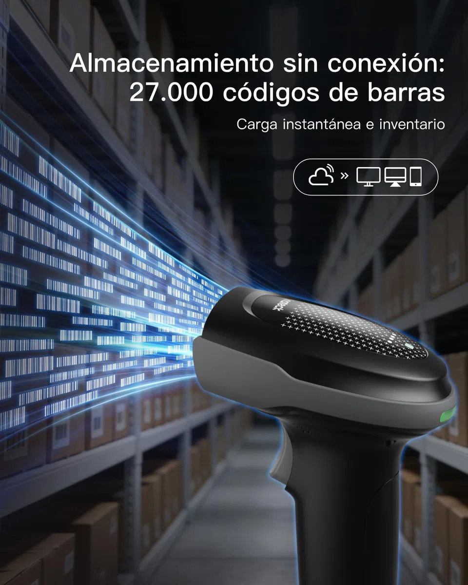 Inateck Lector de Códigos de Barras Inalámbrico 1D 2D QR PDF417, Alcachofa de Código de Barras con 2 Baterías Reemplazables de 2000 mAh, Compatible con Android e iOS, para Almacenamiento y Logística