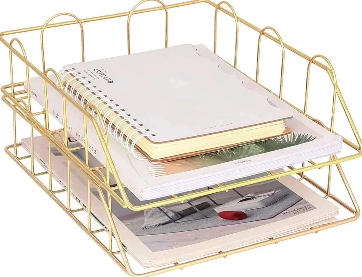 LELYFIT Juego de 2 Gestores de Escritorios Metálicos Apilables Archivo A4 Dorado