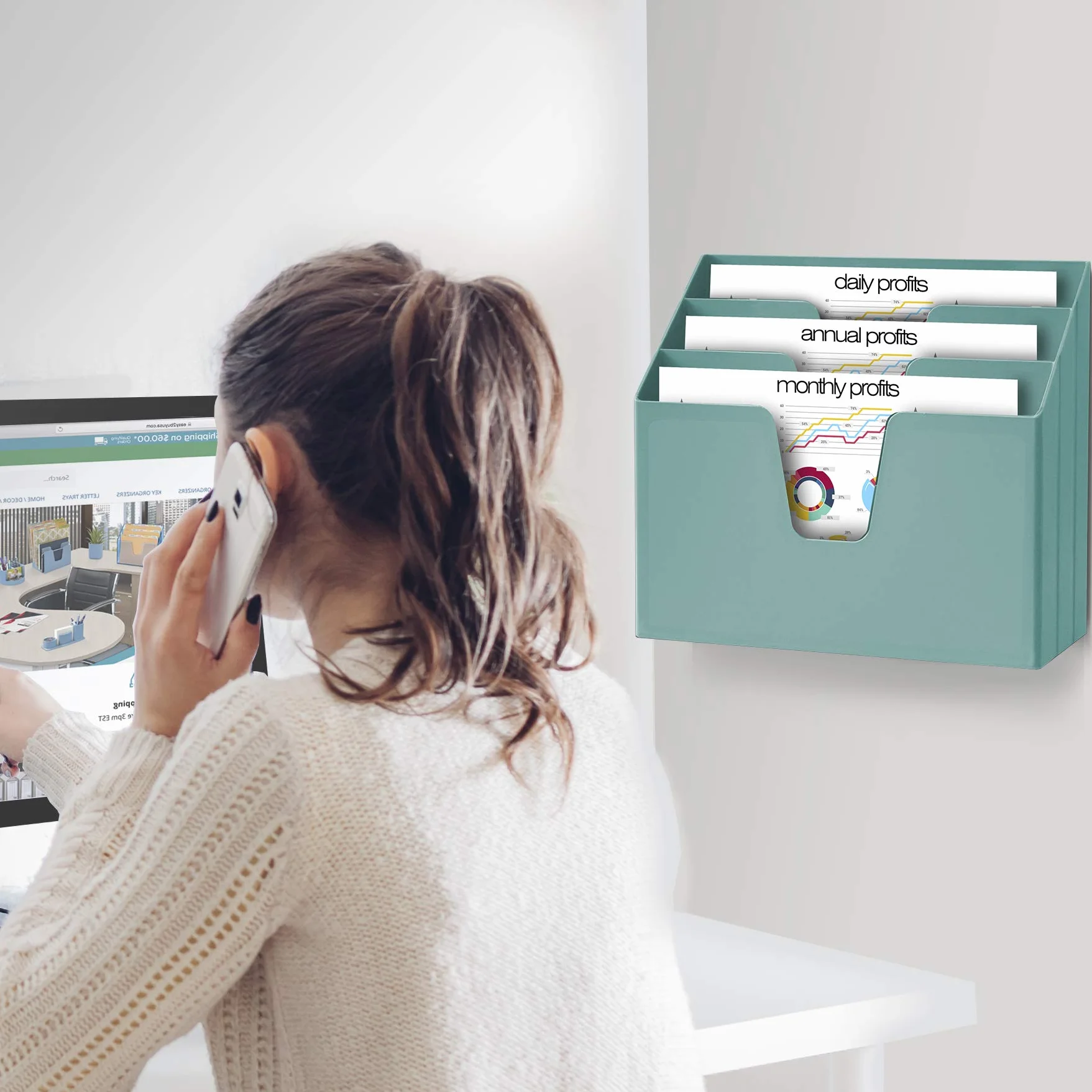 Acrimet Organizador Horizontal 3 Compartimientos Escritorio Pared Plástico Verde