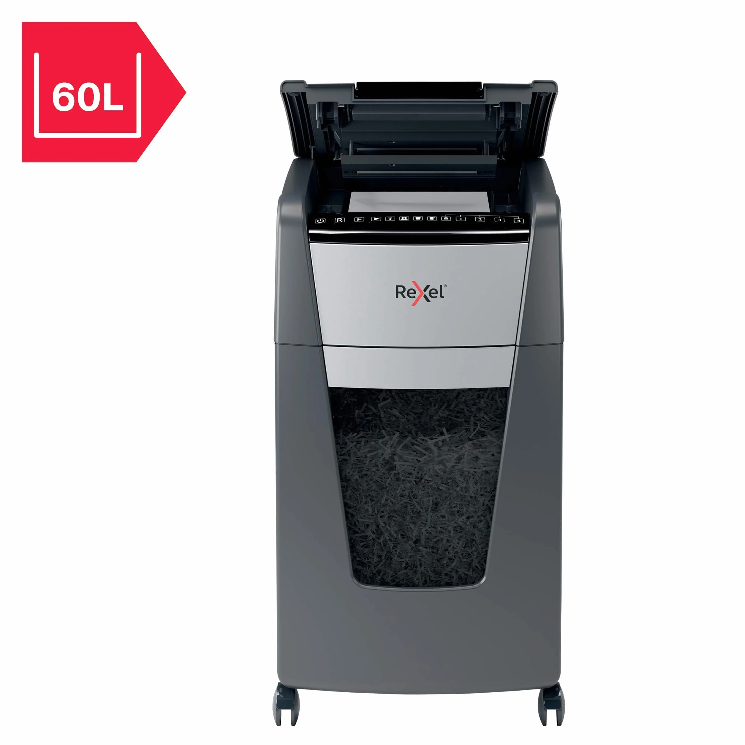 Rexel 2020300MEU - Destructora de Papel Automática Optimum AutoFeed 300M, Microcorte P-5 (2x15 mm), 300 Hojas A4, Papelera Extraíble 60L, Destruye Grapas y Clips, Uso en Oficina, Hasta 10 Usuarios