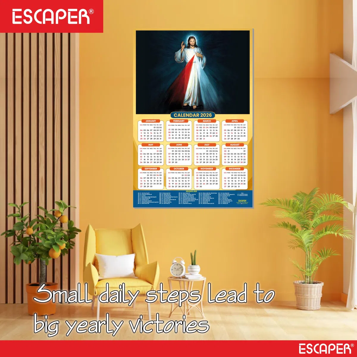 ESCAPER Calendario de pared de Jesús 2026, calendario cristiano laminado de 12 x 18 pulgadas, día festivo indio, decoración religiosa de Isa Masih para el hogar y la oficina