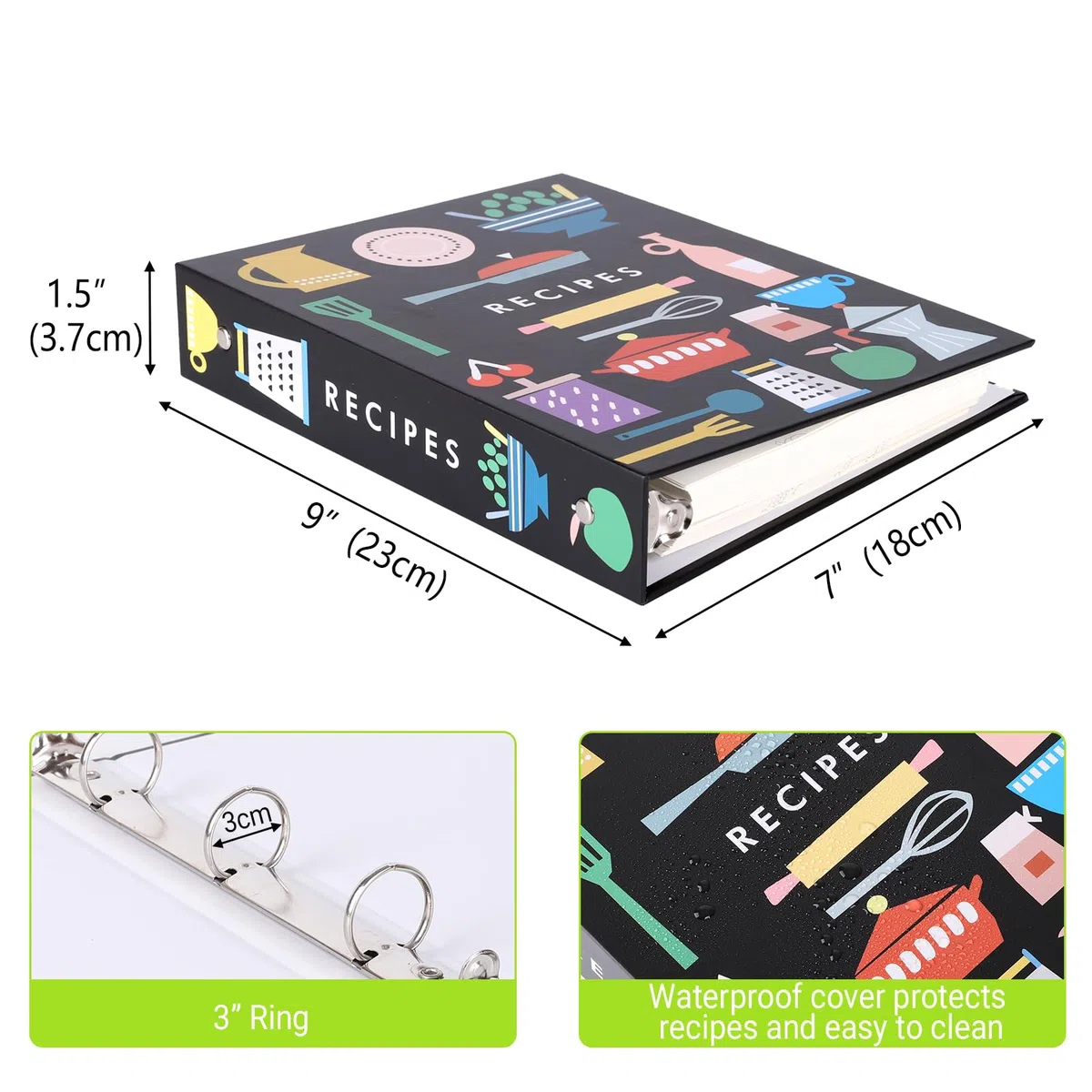 YBCPACK Juego de carpetas de recetas de 3 anillos A5, 1 paquete de libro de recetas de 9 x 7 pulgadas para escribir en tus propias recetas, cuaderno de recetas incluye 100 páginas de recetas (5.5 x