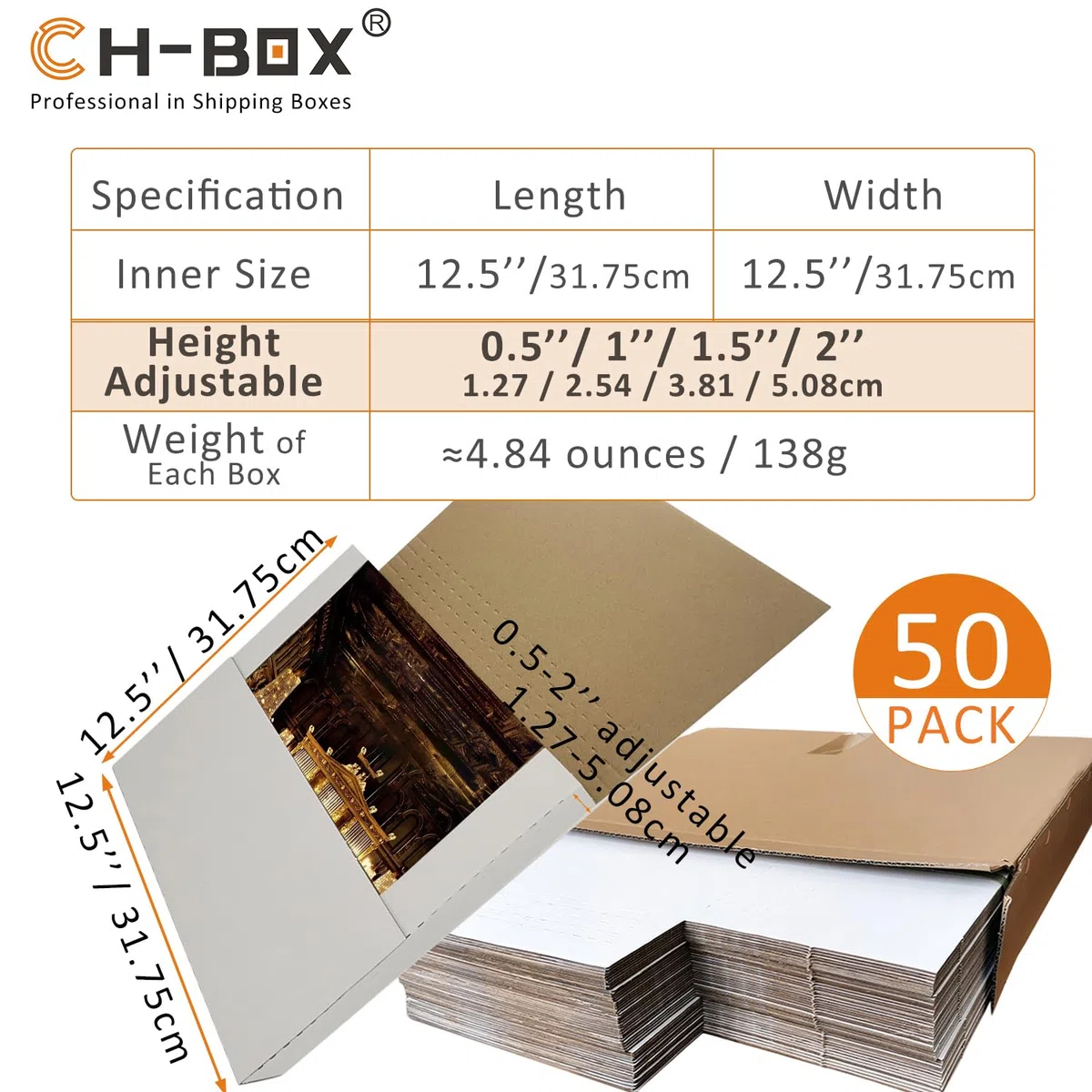 Paquete de 50 cajas de envío de discos de vinilo para álbumes Lp, 32 x 32 x 5 cm, cajas postales de cartón corrugado de altura ajustable, color blanco (EM1212)