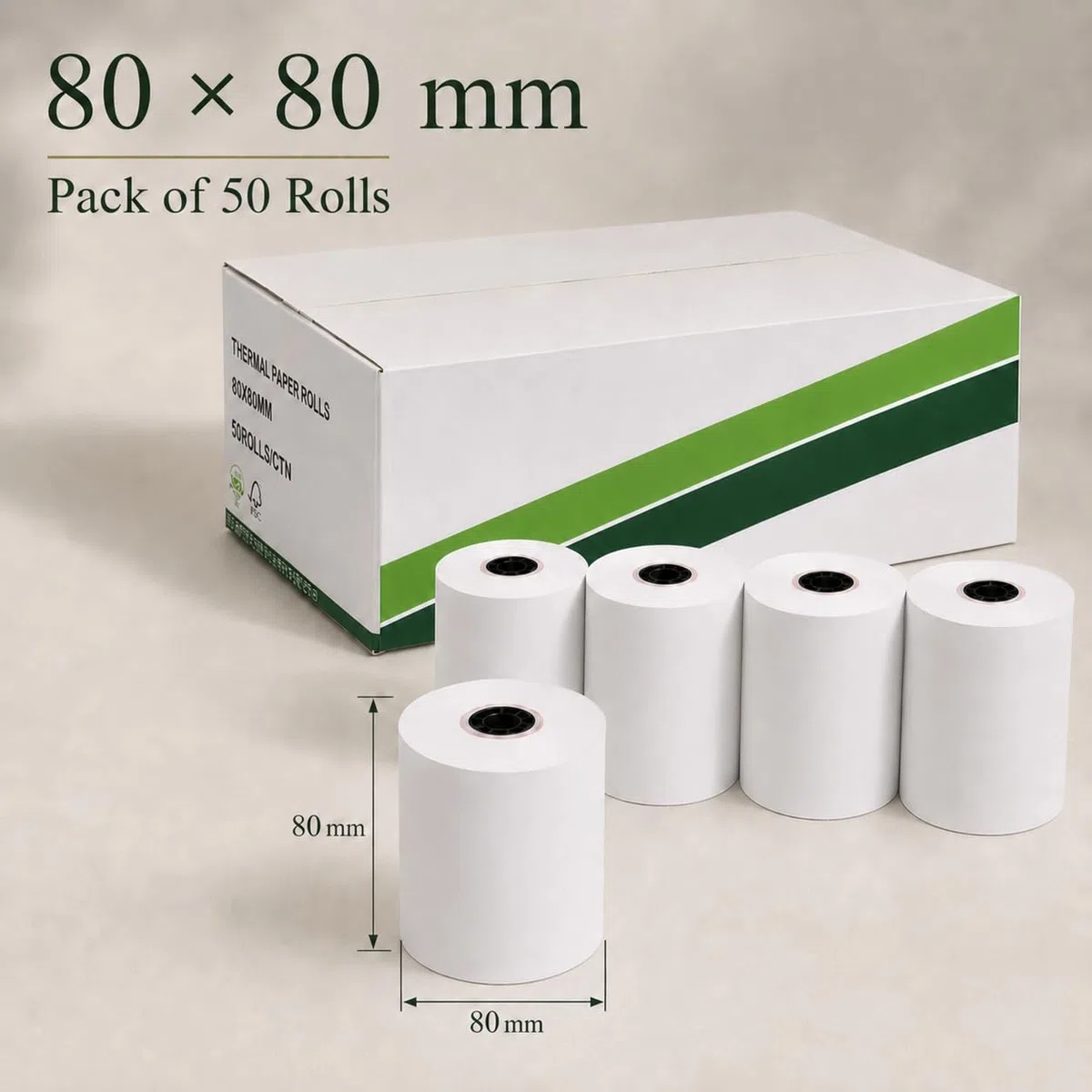 Papel Térmico 80x80 mm, Blanco, Caja de 50 Rollos | Impresión Térmica, TPV y Caja Registradora, Impresora de Tickets, Punto de Venta, Comercio y Hostelería