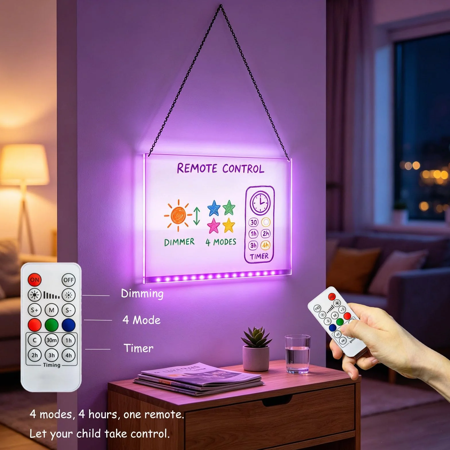 Tablero de mensajes acrílico transparente para escritura a mano, 11.81 x 7.95 pulgadas, 7 colores cambiantes, luz nocturna con control remoto, USB, pizarra blanca brillante con soporte plegable