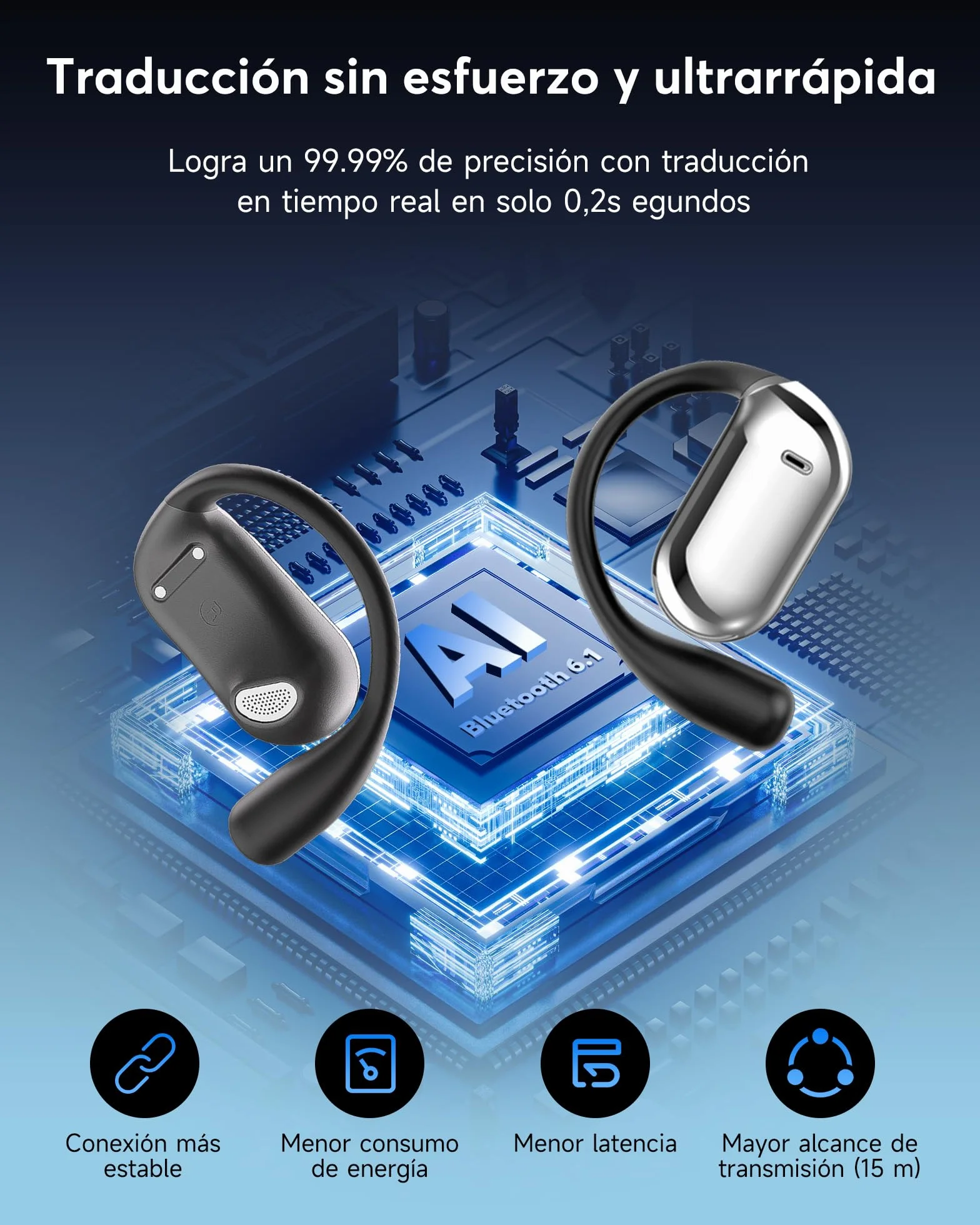 AI Auriculares Traductor en Tiempo Real, 8 Modos Traducción con 198 Idiomas, 3 en 1 Auriculares Traductores de Idiomas, 60H Cascos Oreja Abierta Bluetooth 6.1 para Viajes, Reuniones Negro mate