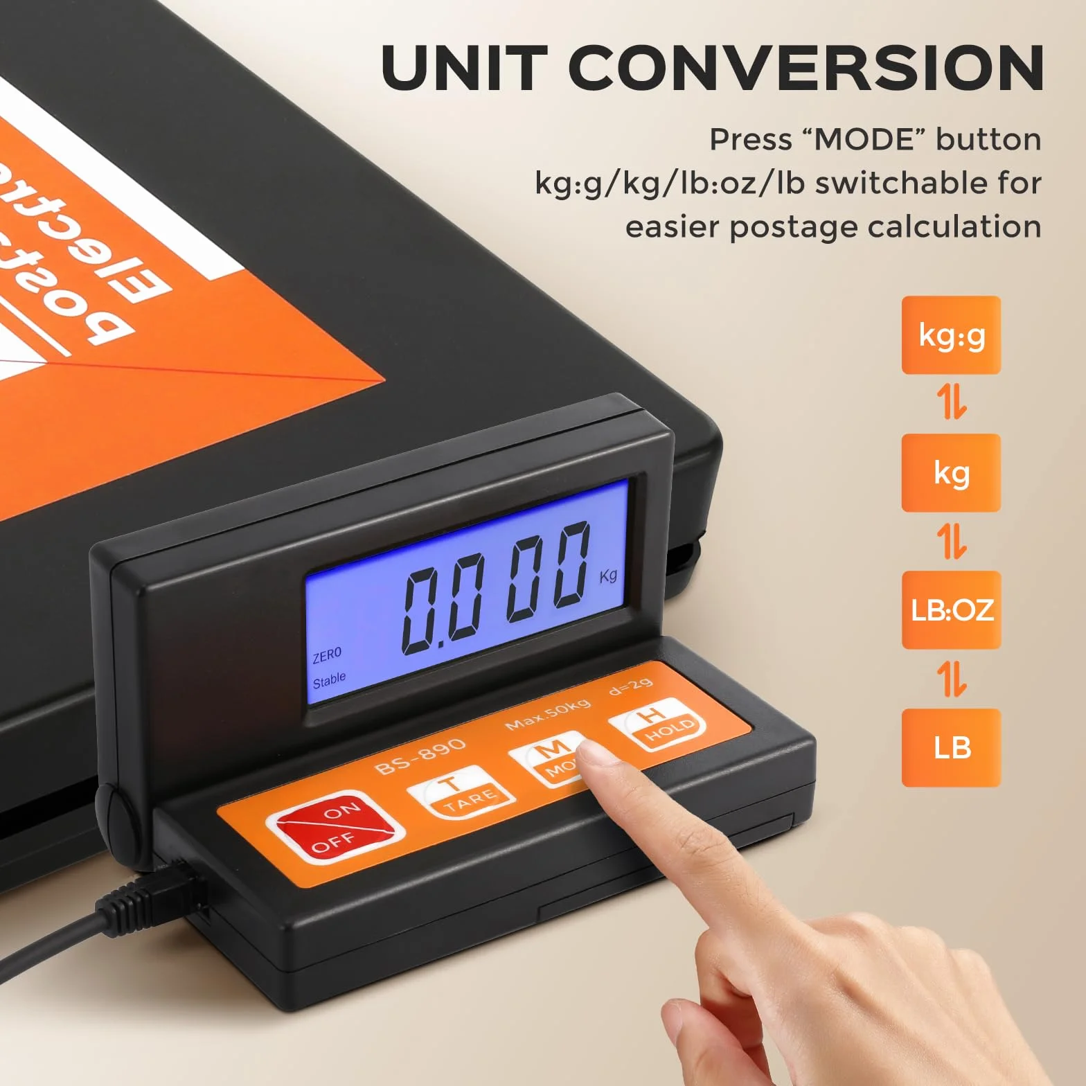 Bonvoisin Báscula para Paquetería Digital 50kg/110lb Balanza para Envíos de Paquetes con Pantalla LCD Grande Separada, 2 pilas AAA y Adaptador de Corriente UE Incluidos, g/kg/oz/lb Conmutable