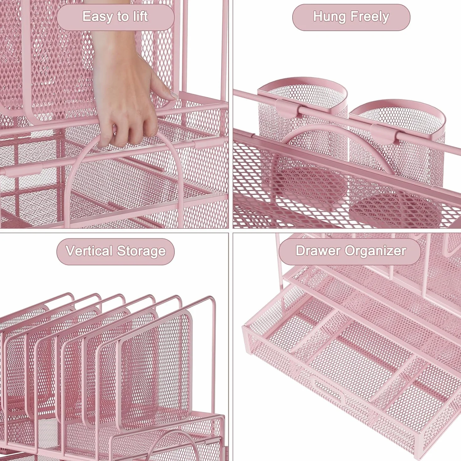 Marbrasse Organizador Escritorio,4-Tire Bandejas Oficina y 5 Soporte Vertical,2 Soportes para Bolígrafos,Bandeja Escritorio Organizador para Hogar Oficina(Rosa)