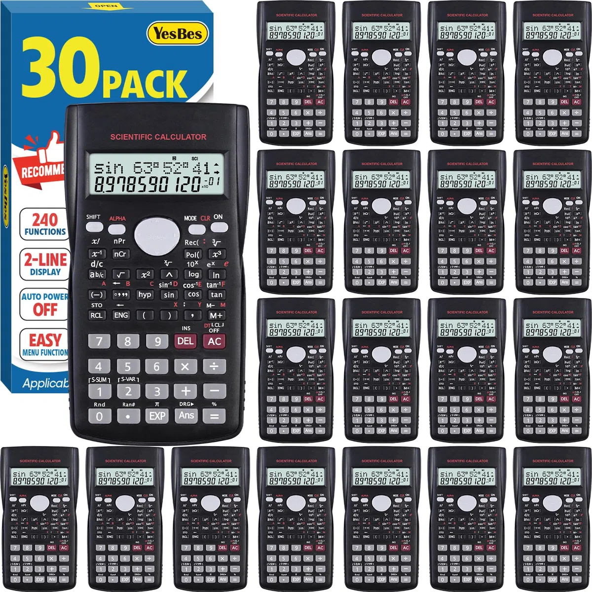 Paquete de 30 calculadoras científicas, pantalla grande de 2 líneas, 240 funciones, calculadoras científicas para estudiantes, calculadora de fracción de álgebra matemática para escuela secundaria