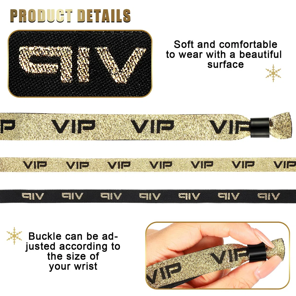 Aoriher 100 Pulseras de Identificación de VIP de Tela Banda de Entrada de VIP Cinta de Muñeca de Evento con Cierre Pulsera de Festival de Oro Negro para Fiesta Parque de Atracciones Concierto(Dorado)