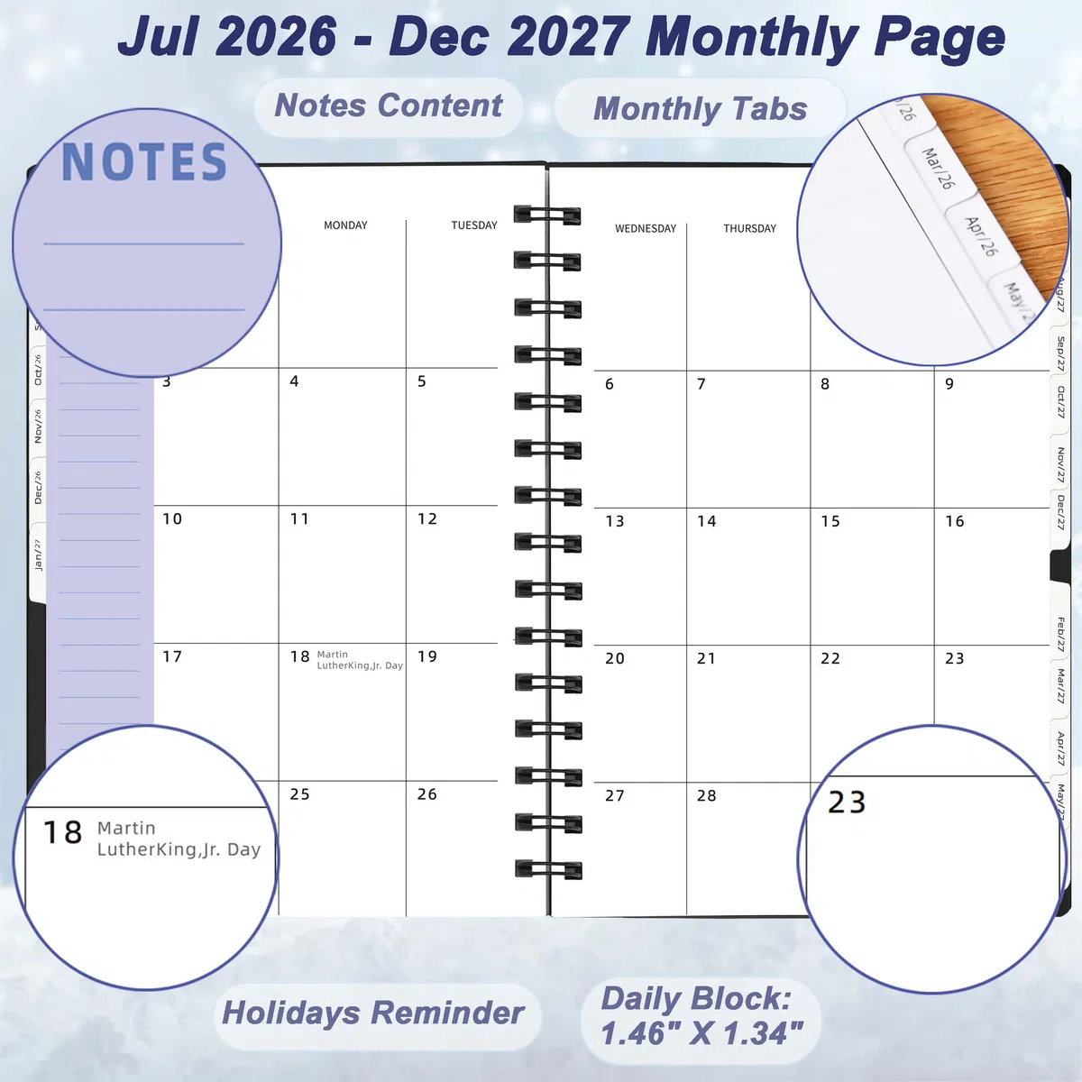 Agenda semanal y mensual 2026-2027, 2026, de julio de 2026 a diciembre de 2027, agenda de 18 meses con pestañas, tamaño A5, color negro