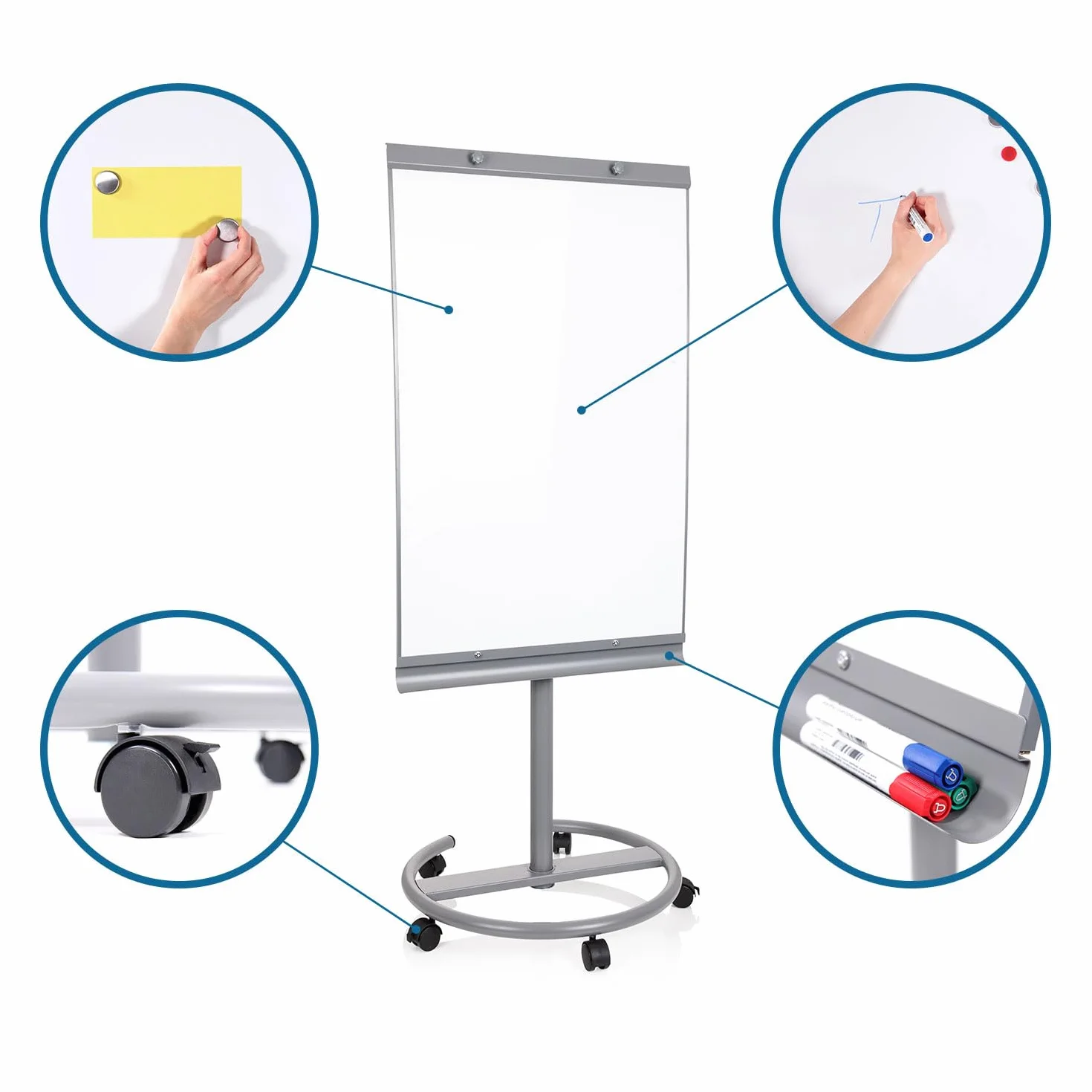 MULTIBOARD Pizarra magnética con caballete móvil y rotafolios 93,5 x 63 cm, altura regulable
