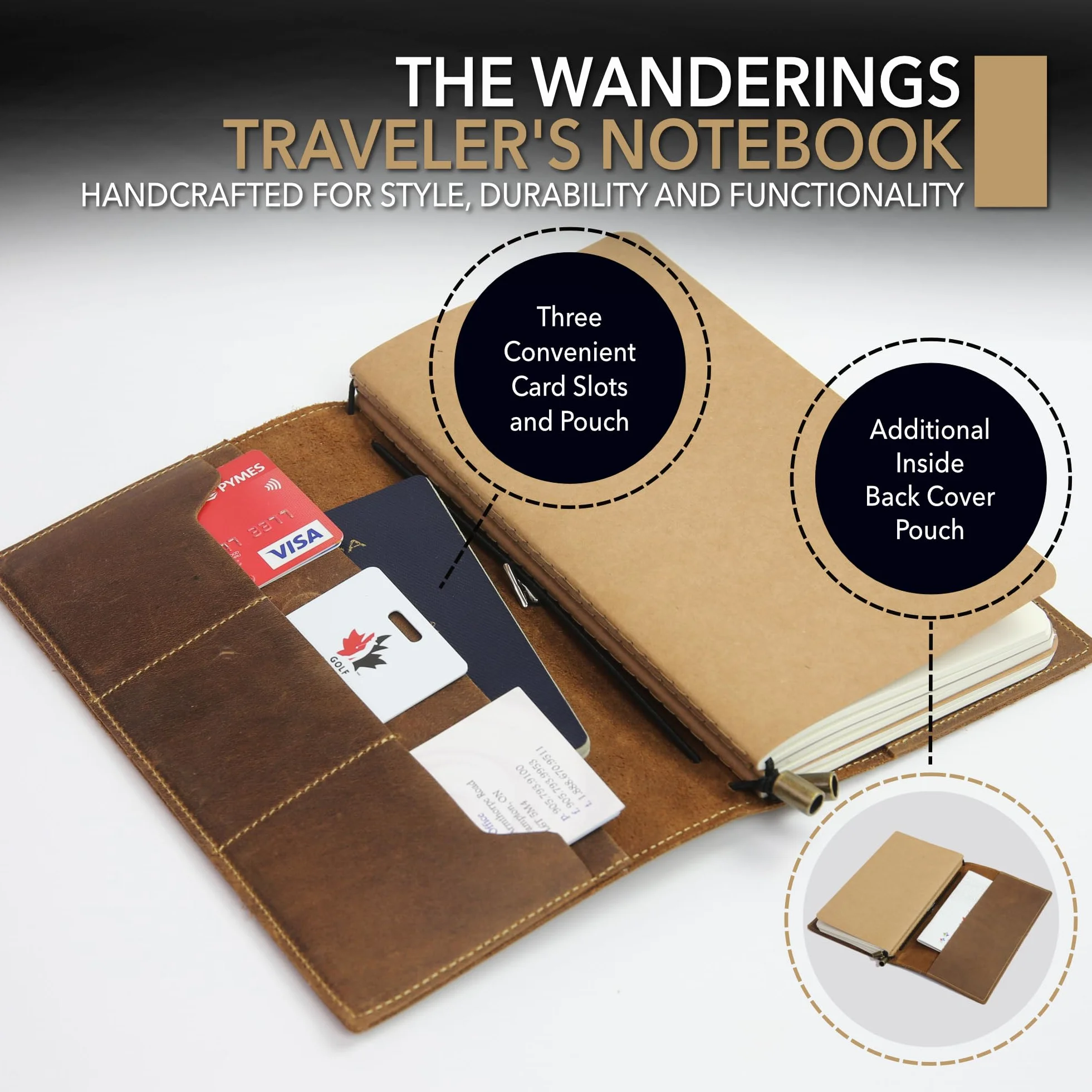 Cuaderno de cuero auténtico con bolsillos 22 x 11,5 cm organizador de viaje recargable