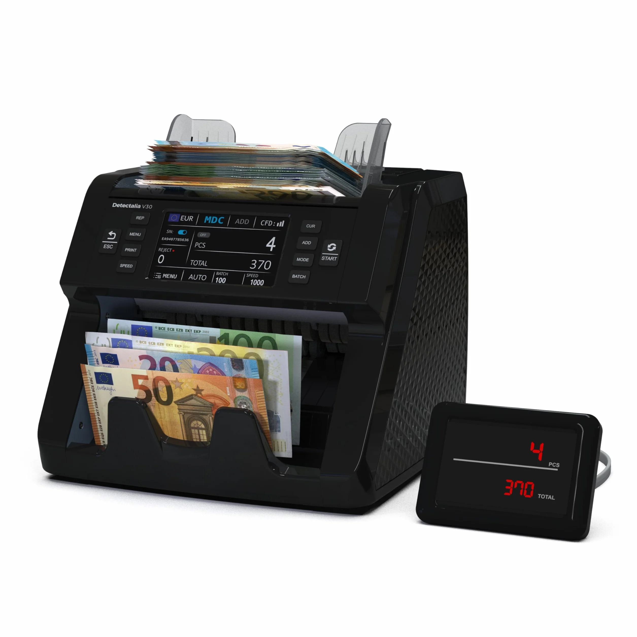 Detectalia V30 Contador de Billetes Detector Falsos Doble CIS Pantalla Táctil 4.5" Multidivisa 1200 Billetes/Minuto USB