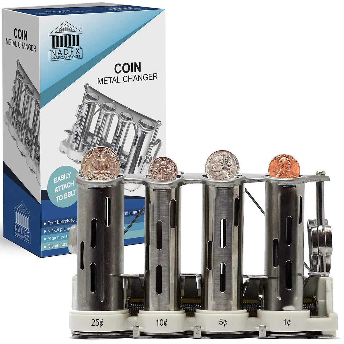Nadex Dispensador de monedas de acero de 4 barriles con pinzas para cinturón (plata)