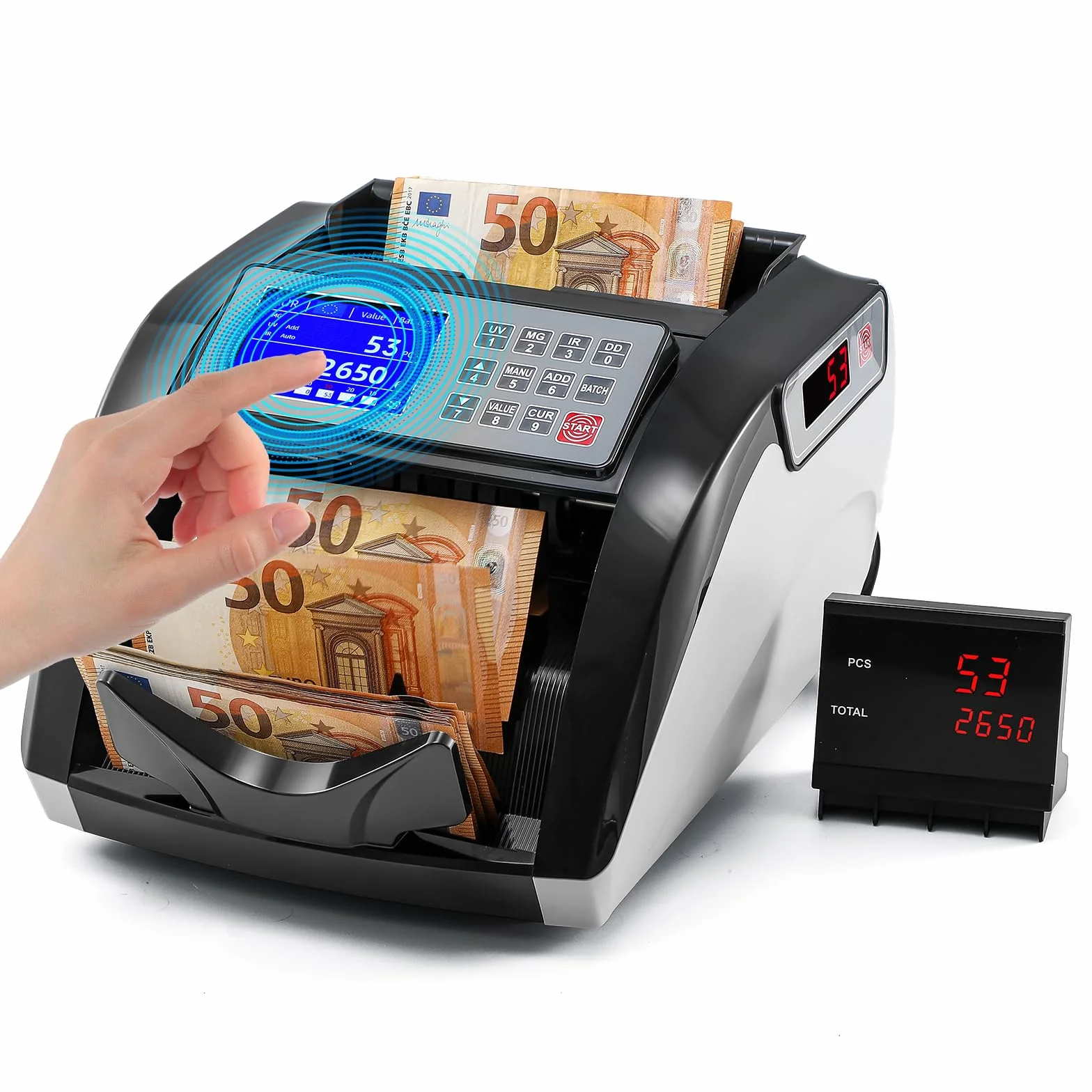 Bonvoisin Contador de Billetes, Contadora de Valor para Billetes de Clasificados, Detección de UV/MG/IR, 1000 Pcs/min, Maquina Contar de Billetes con Pantalla táctil (No cuenta Montos Mixtos)