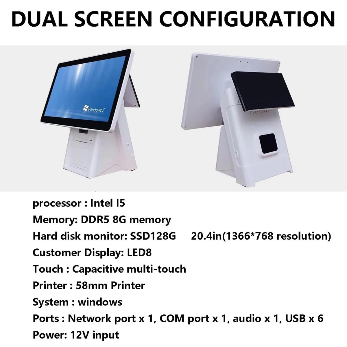 Tpv: Caja Registradora Todo En Uno De 20,4 Pulgadas Con Pantalla TáCtil Dual, Pantalla De 1366 X 768, EscáNer De CóDigo De Barras, Impresora, CajóN De Efectivo Y Punto De Venta.