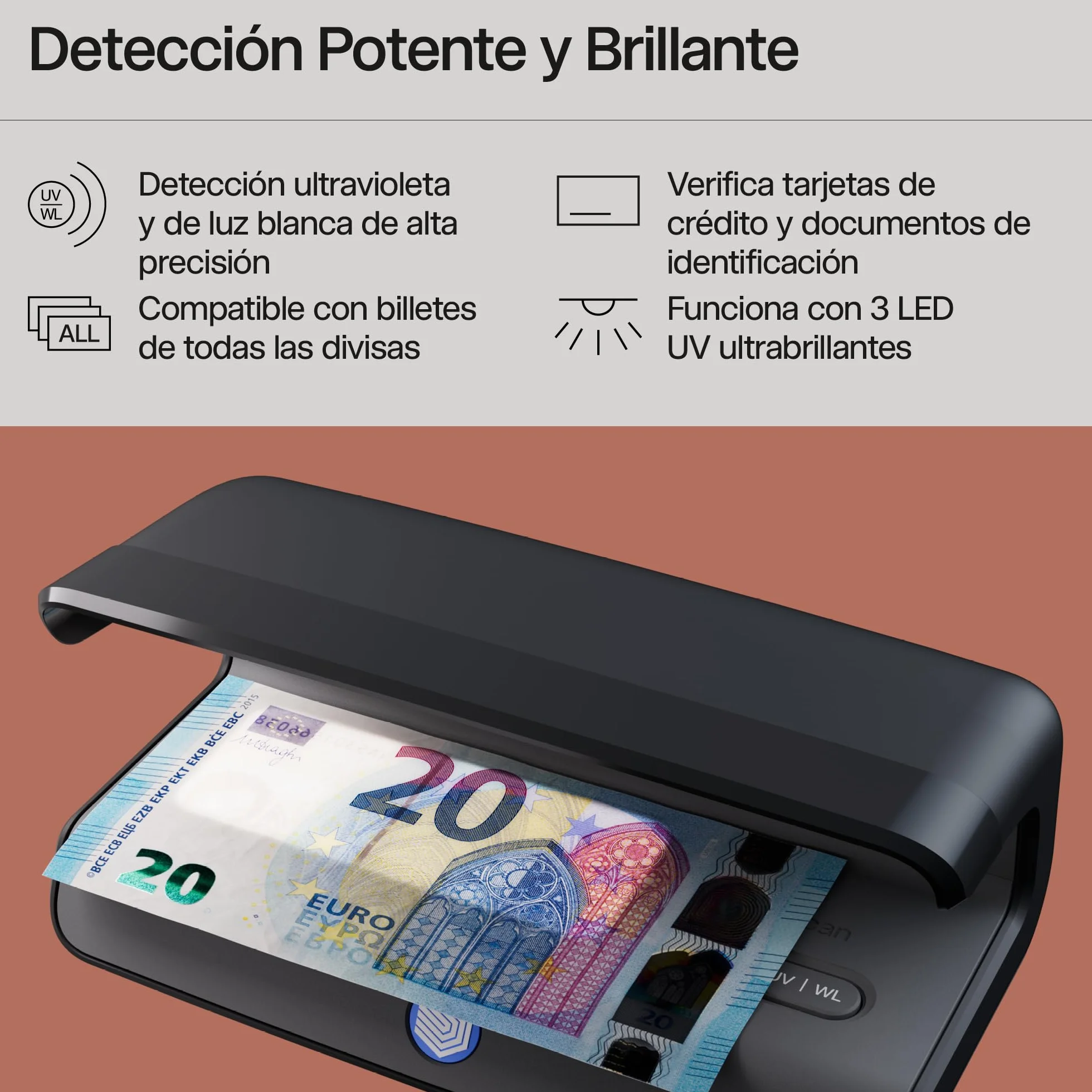 Safescan 75 LED Detector de billetes falsos UV blanco triple detección