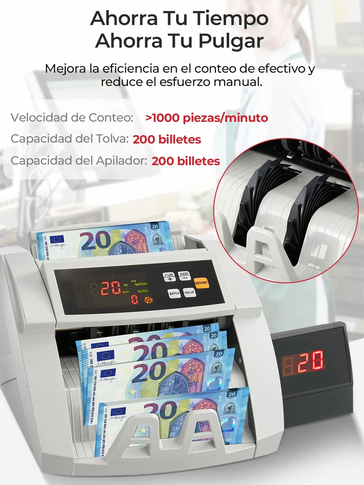FOHERE Contador de Billetes Profesional 1100 Billetes/Minuto UV/MG/IR/DD LCD
