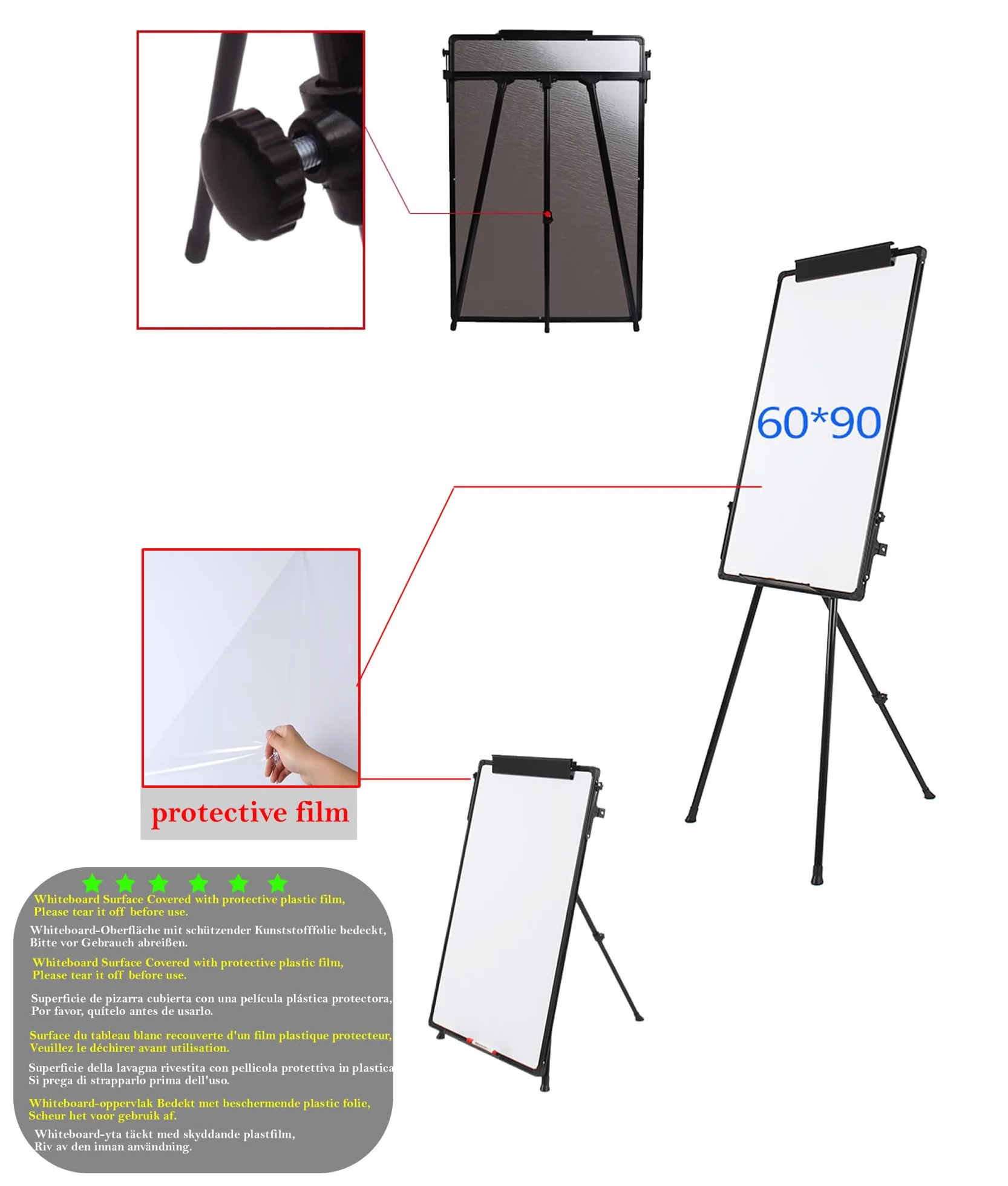 TUKA-i-AKUT Pizarra Blanca de Caballete Magnética 90x60cm, Altura Ajustable Plegable, con Soporte para Papel, Escribible y Limpiable, Rotafolios con Trípode Soporte, Marco Negro, TKD8710