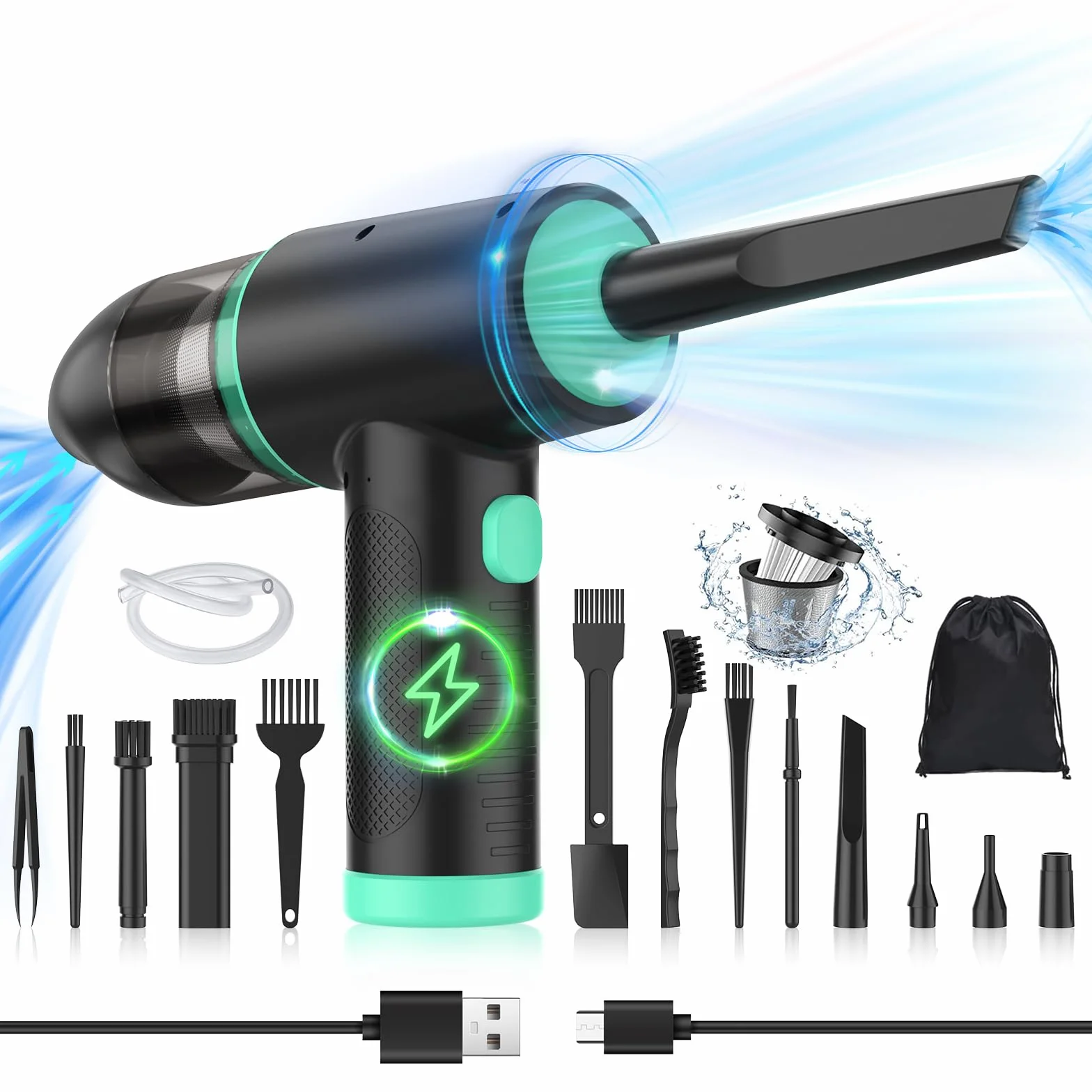 EVARYOO Soplador de Polvo Eléctrico y Mini Aspirador 2 en 1, 3 velocidades,90000RPM, 12Kpa, 7000mAh, con LED,Aire Comprimido Limpieza PC Sin Cable para computadora,Sofá,Mascotas,Automóvil