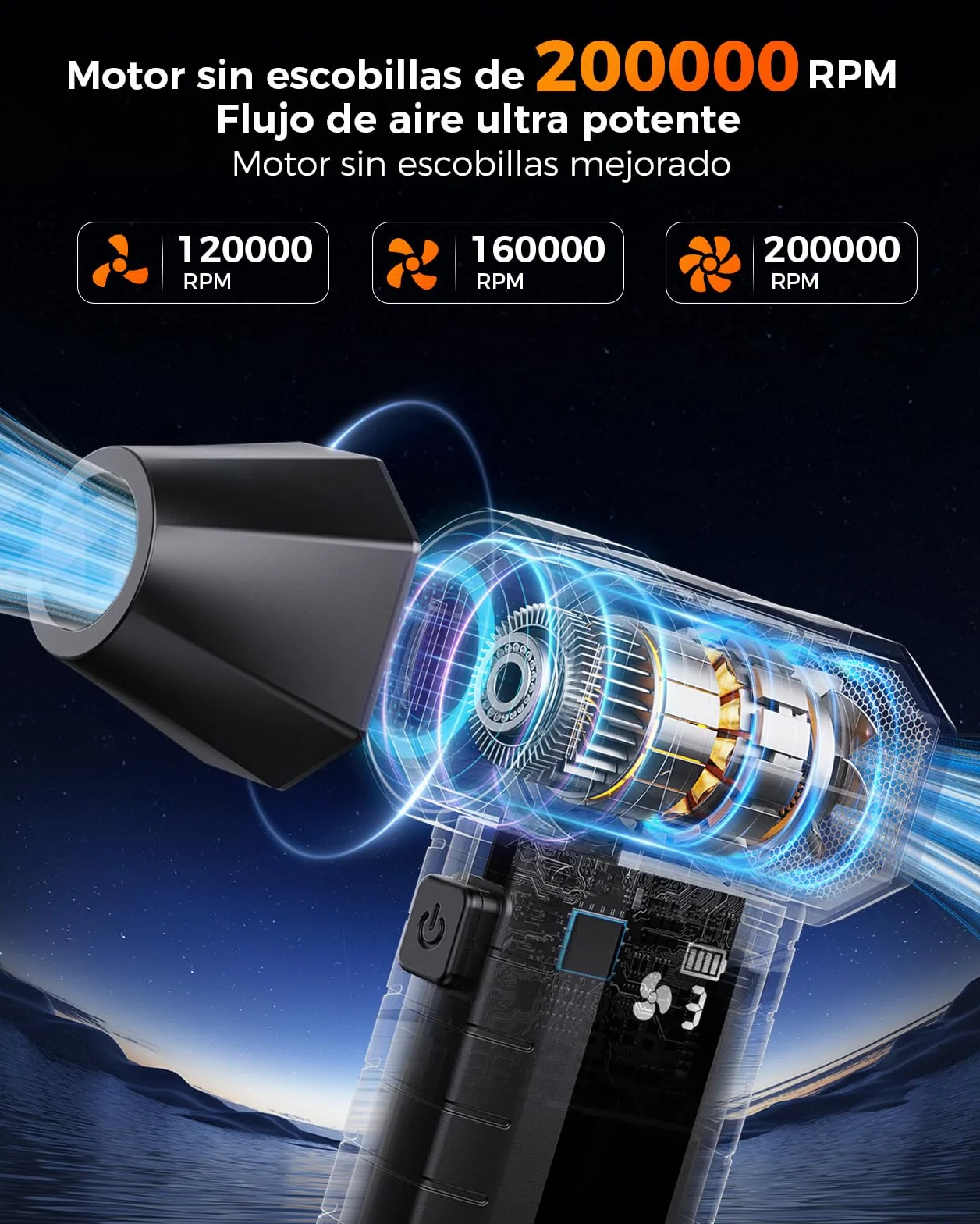 Soplador de Aire Potente – Mini Soplador Batería 200.000 RPM, 10.500 mAh, para Limpieza PC & Teclado, LED, Pantalla Inteligente, Recarga USB-C