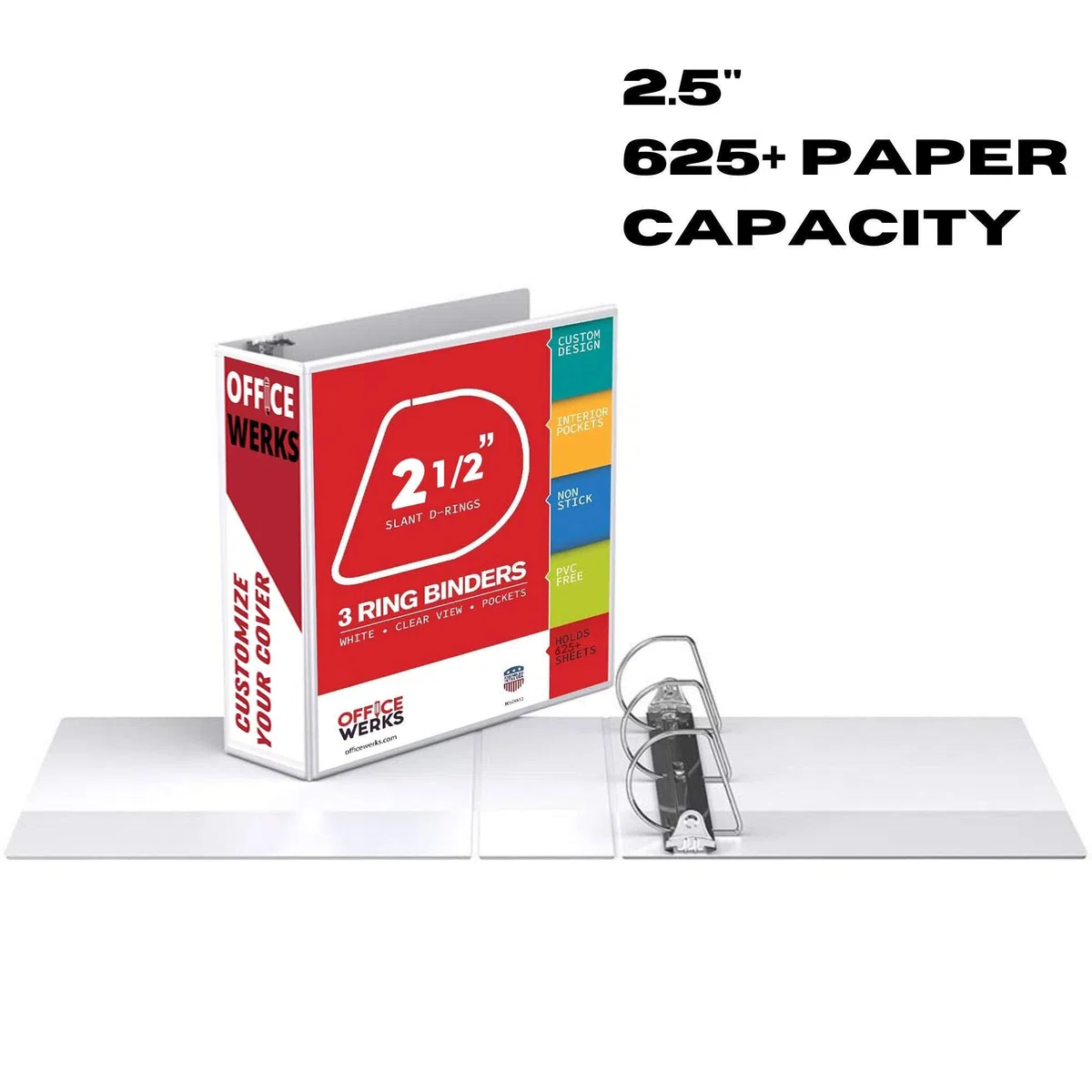 Office Werks - Carpeta profesional de 3 anillos, 2.5 pulgadas, 12 carpetas de presentación para páginas estándar de 8.5 x 11 pulgadas con bolsillos, color blanco transparente (paquete de 12)