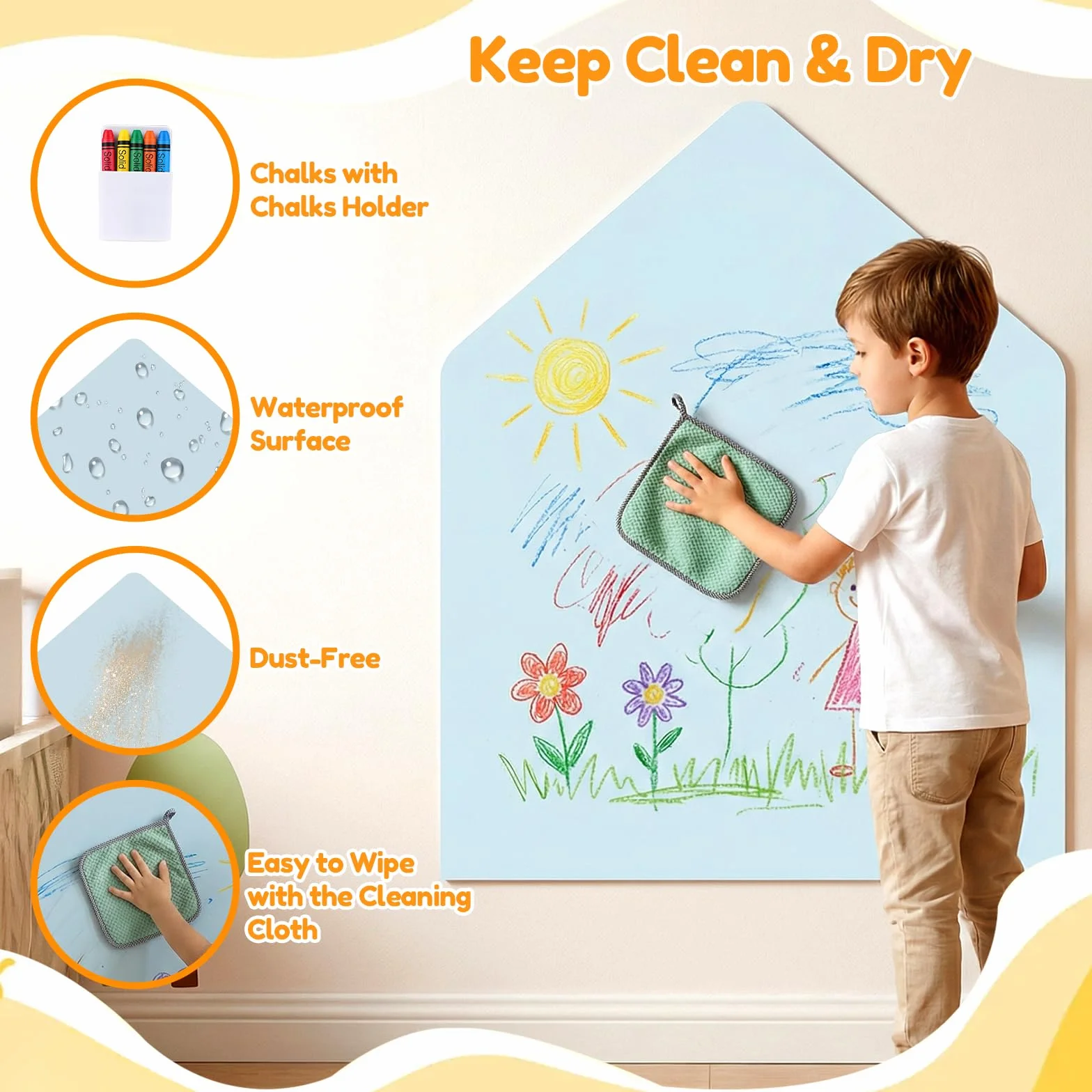 Pizarra magnética infantil autoadhesiva, pizarra de pared en forma de arco con colores pastel y tizas, pared magnética para niñas y niños (azul + letras)