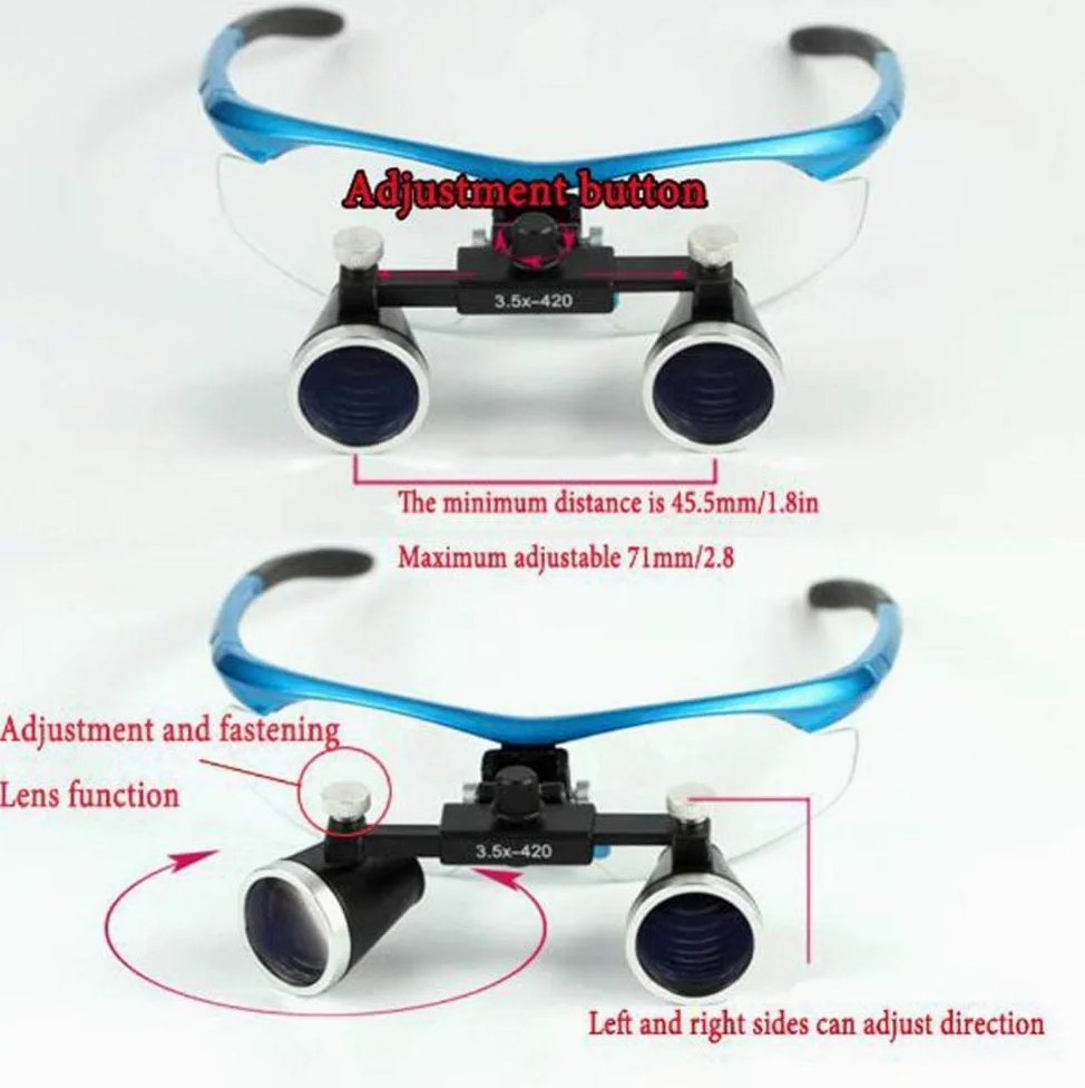 Lupa, lupas dentales 3.5X, Gafas quirúrgicas para médico con luz LED, Gafas binoculares con Lupa para Dentista con práctico Estuche de Transporte, Color Azul.