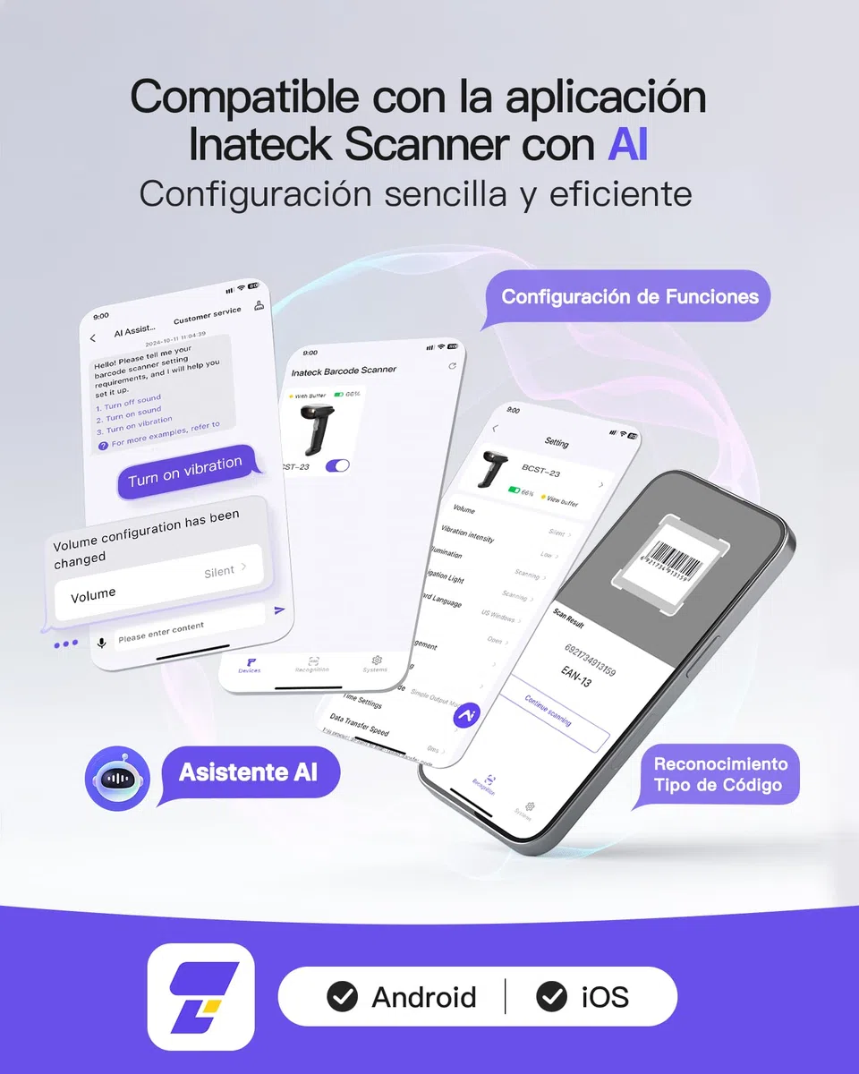 Inateck Escáner de Código de Barras Bluetooth, Lector de Código de Barras Inalámbrico USB 1D 2D Portátil, 1 Carga 3 Meses, Lector Código Barras con App y SDK, BCST-23, Oscuro