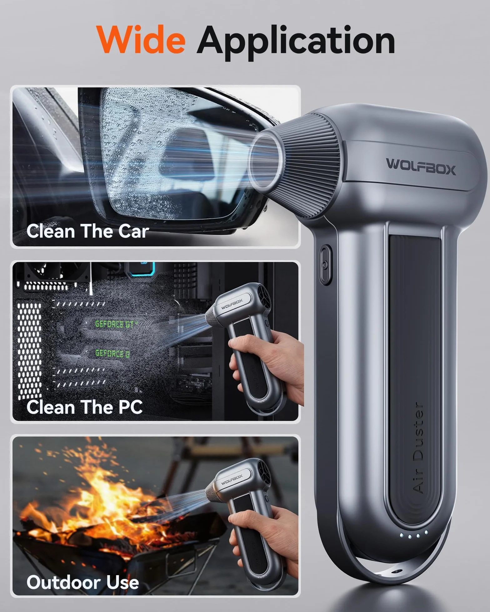 WOLFBOX MF100 plumero eléctrico de aire-150000RPM Super Power inalámbrico plumero de aire, motor sin escobillas recargable, 3-Gear ajustable soplador de polvo para el ordenador, teclado, casa y coche