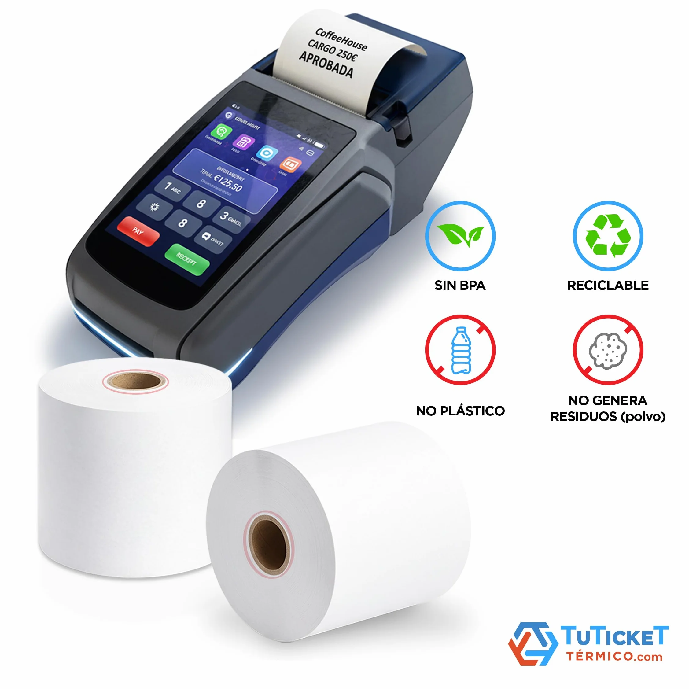 Rollo de Papel Térmico 80x80x12 mm (60 unidades, 10 más de lo habitual) para Impresora Térmica de Ticket, Caja Registradora y demás TPV. Sin Bisphenol A. PEFC. Producto C.E.