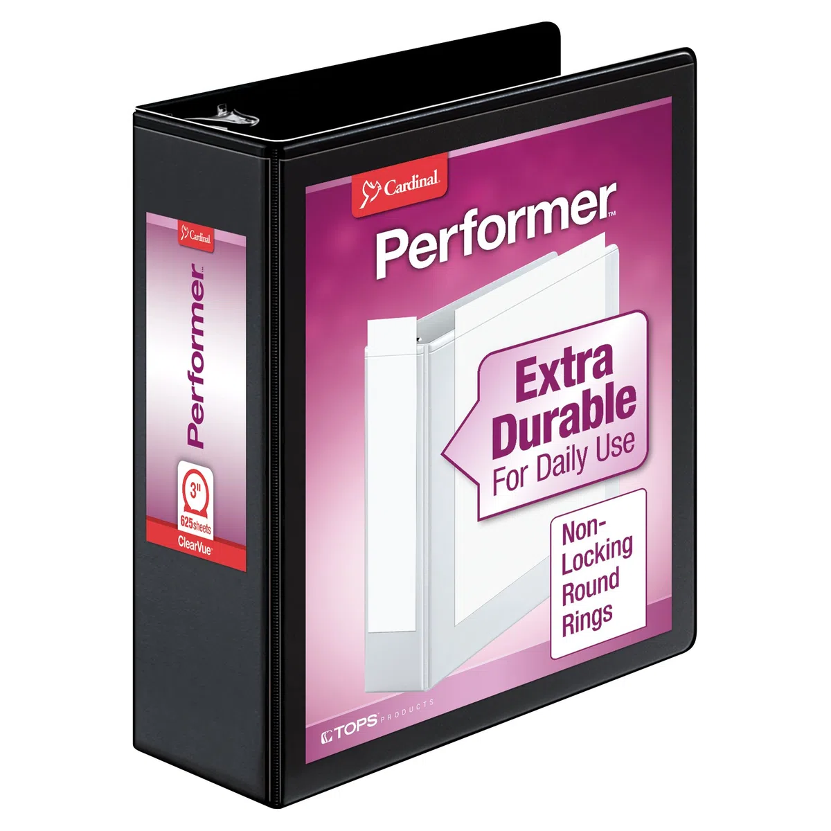 Cardinal Vue - Carpeta de 3 anillas Performer, para escuela y oficina, resistente, 7,6 cm, anillas redondas, capacidad para 625 hojas, tapas personalizables ClearVue, sin PVC, negro (67525)