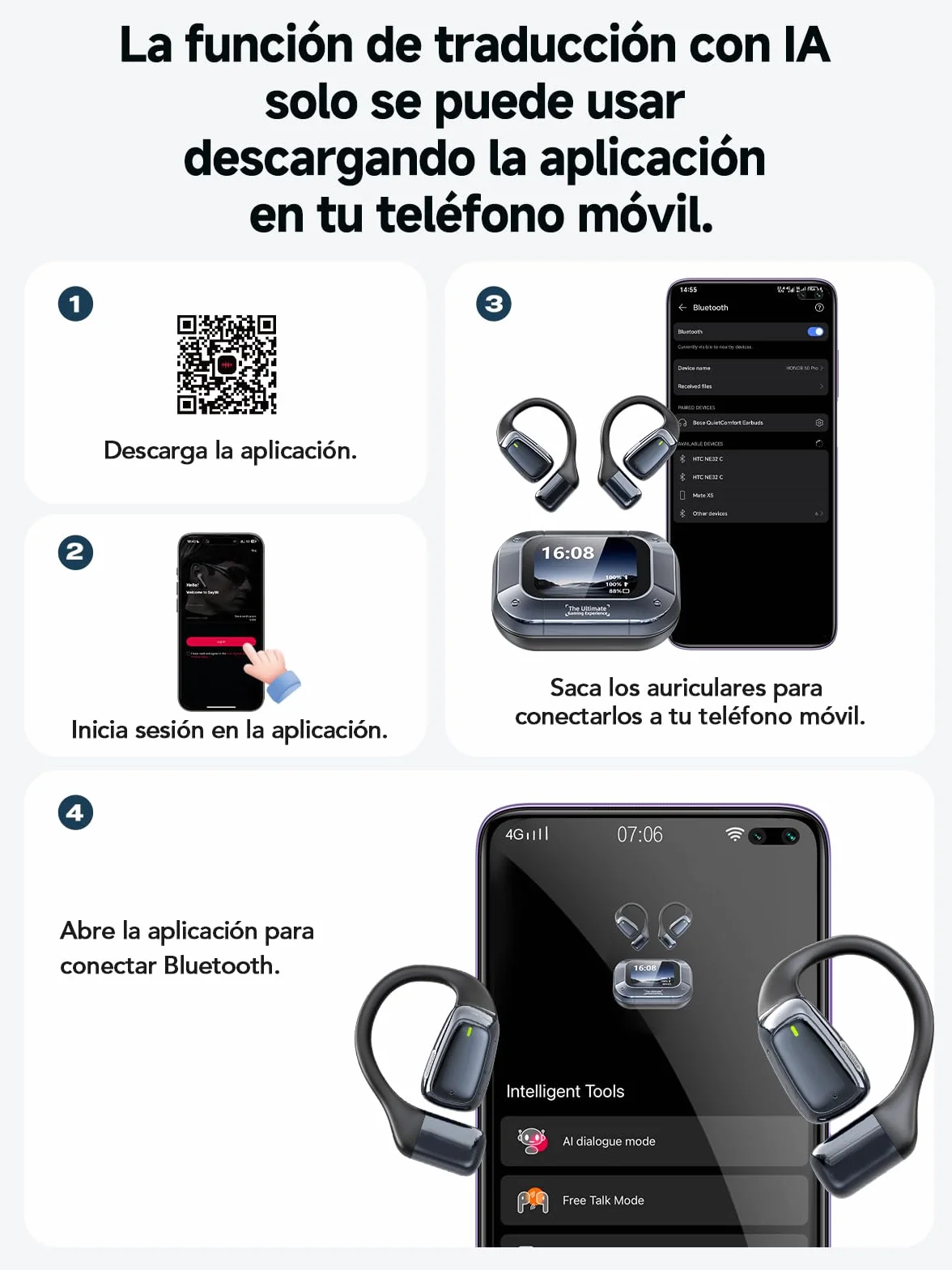 [2026 Nuev] NE25 AI Auriculares Traductor en Tiempo Real con Pantalla LCD, 134 Idiomas y 8 Modos de Traducción, 3 in 1 AI Auriculares Traductor, Bluetooth 5.4 con ENC y App con para Viajes/Negocios