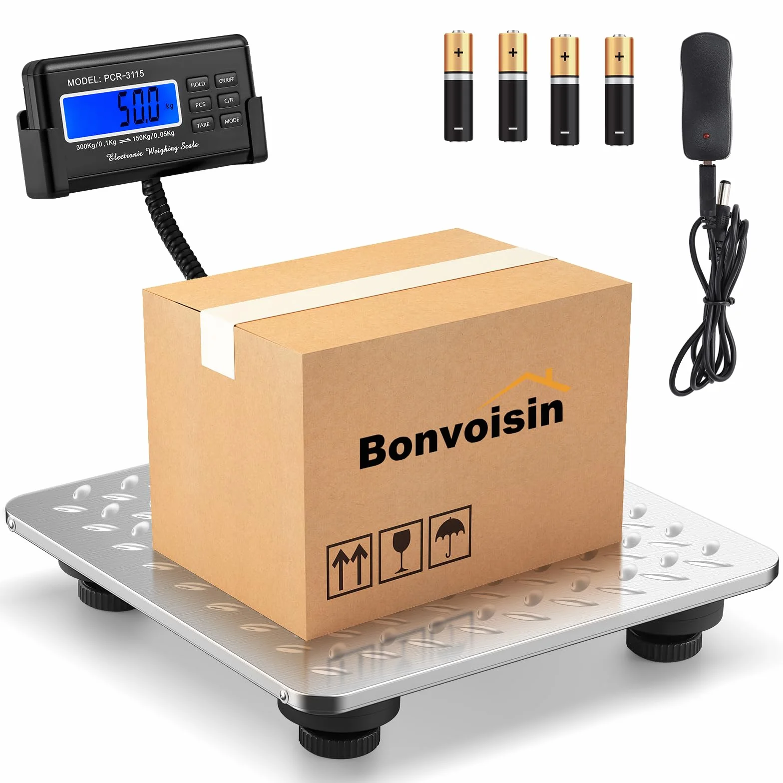 Bonvoisin Báscula para Paquetería 300kg/660lb, Pantalla LCD, Plataforma Acero Inoxidable, Doble Rango Precisión 0,1kg/0,05kg, Conmutable kg/oz/lb, Función Conteo