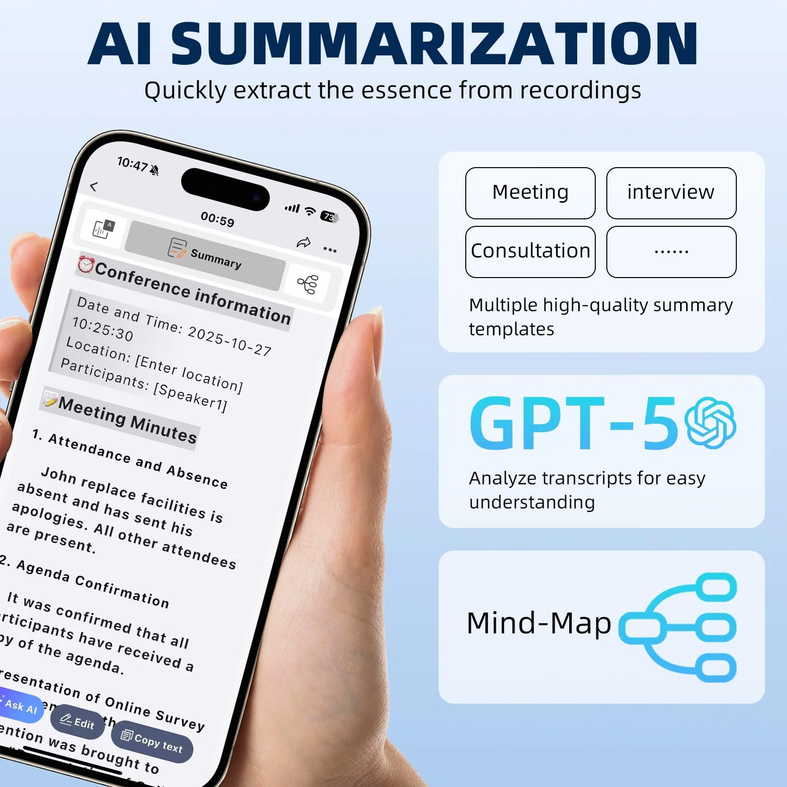 Registrador de Voz AI - Registrador de Voz Profesional Portátil, Transcribe y Resume con Tecnología AI, Compatible con 256 Idiomas, Control de Aplicación