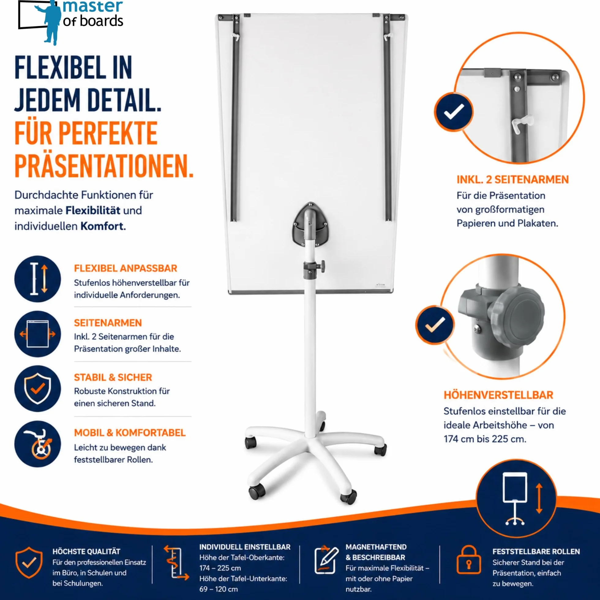 Master of Boards Profesional rotafolio con portarrollos Soporte | móvil y versátil | Papel desplegables | ajustable