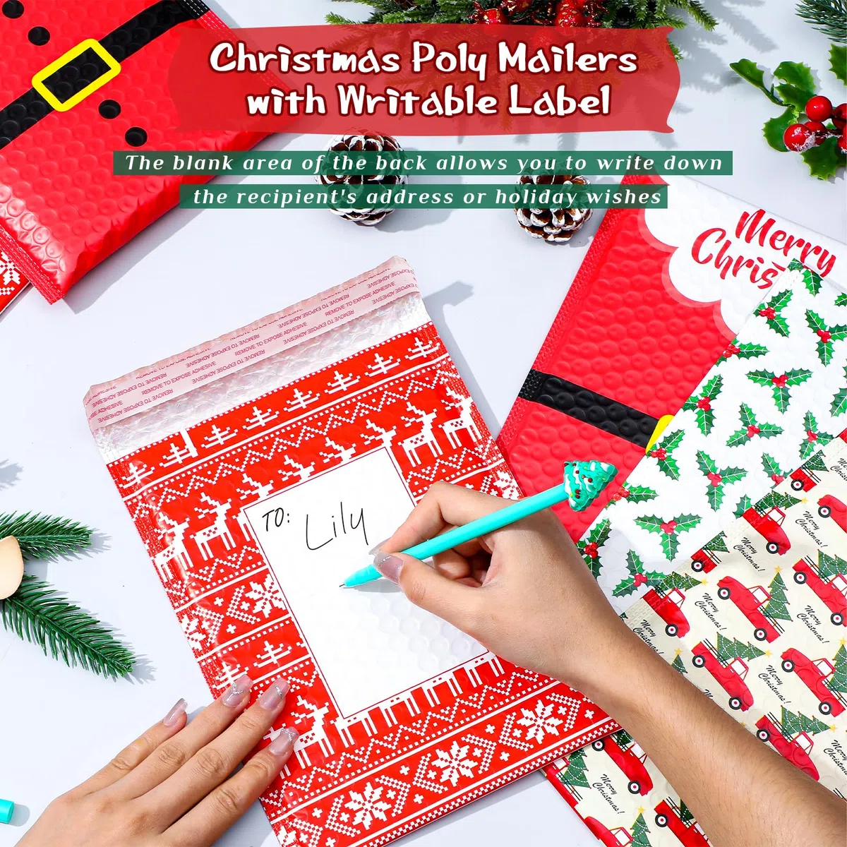 Cholemy 60 sobres de burbujas de Navidad de 7 x 9 pulgadas, sobres acolchados con área de escritura, sobres acolchados de burbujas de Papá Noel, bolsas de envío navideñas con tira autosellante