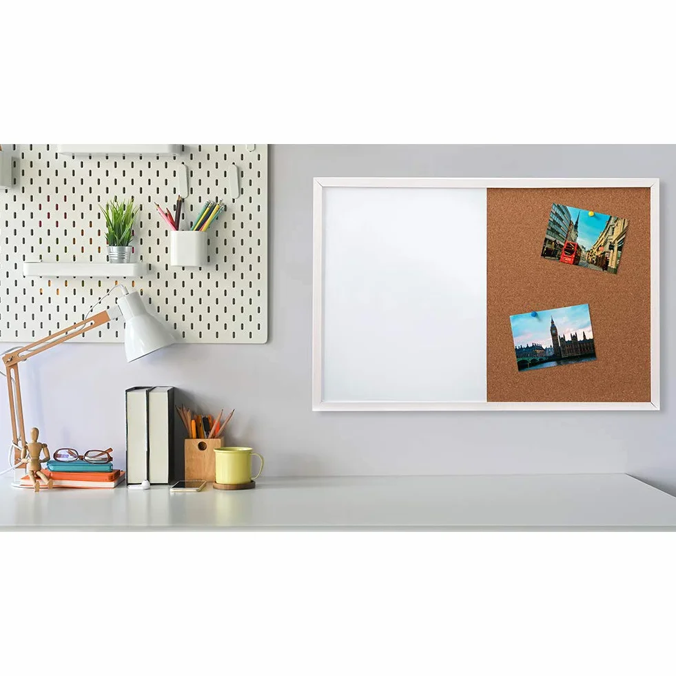DOEWORKS 60 x 40cm Pizarra Mixta Pizarra Magnética Blanca & Tablón de Corcho, Tablero Combinado para Colgar, Tablero de Anuncios con Marco de Madera Blanco