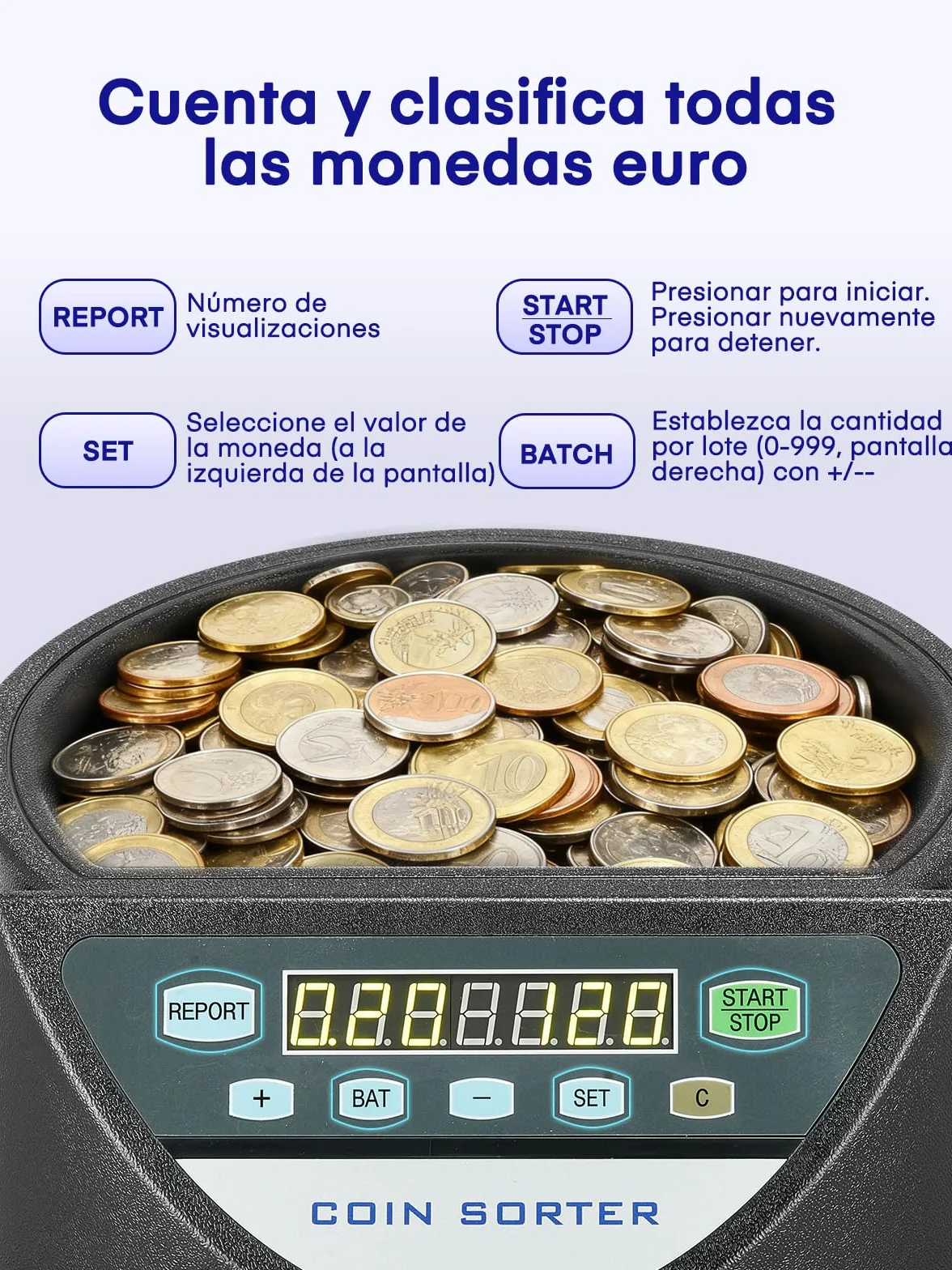 Contador de Monedas Euro, Clasificador de Monedas Capacidad para 800 monedas, Maquina Contar Monedas con 8 cajones de recolección, para colegios, tiendas y bancos