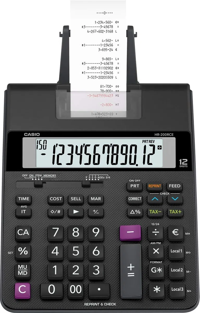 Casio HR-200RCE Calculadora de impresión Pantalla LCD de 12 dígitos, negra