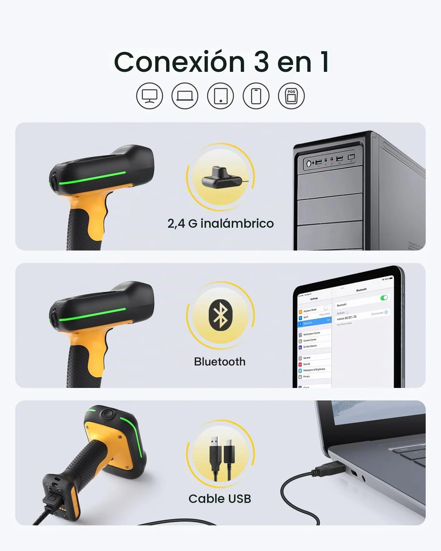Inateck Escáner de Códigos de Barras Industrial Inalámbrico, Escáner 2D QR con Base de Carga Inteligente, IP67 Impermeable y a Prueba de Polvo, Batería 2600mAh, Escáner Manual con App & SDK, BCST-75S