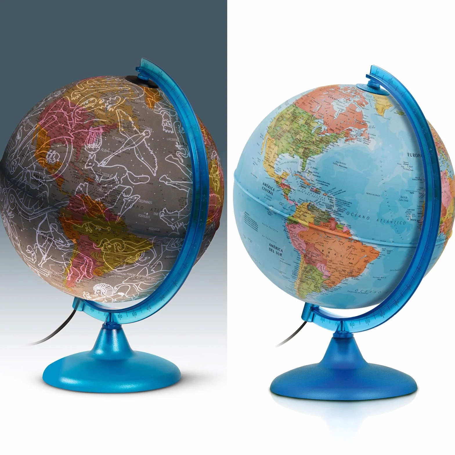 Tecnodidattica Night&Day Globo Terráqueo 25cm Doble Función Política y Constelaciones Luminoso Giratorio Meridiano Graduado