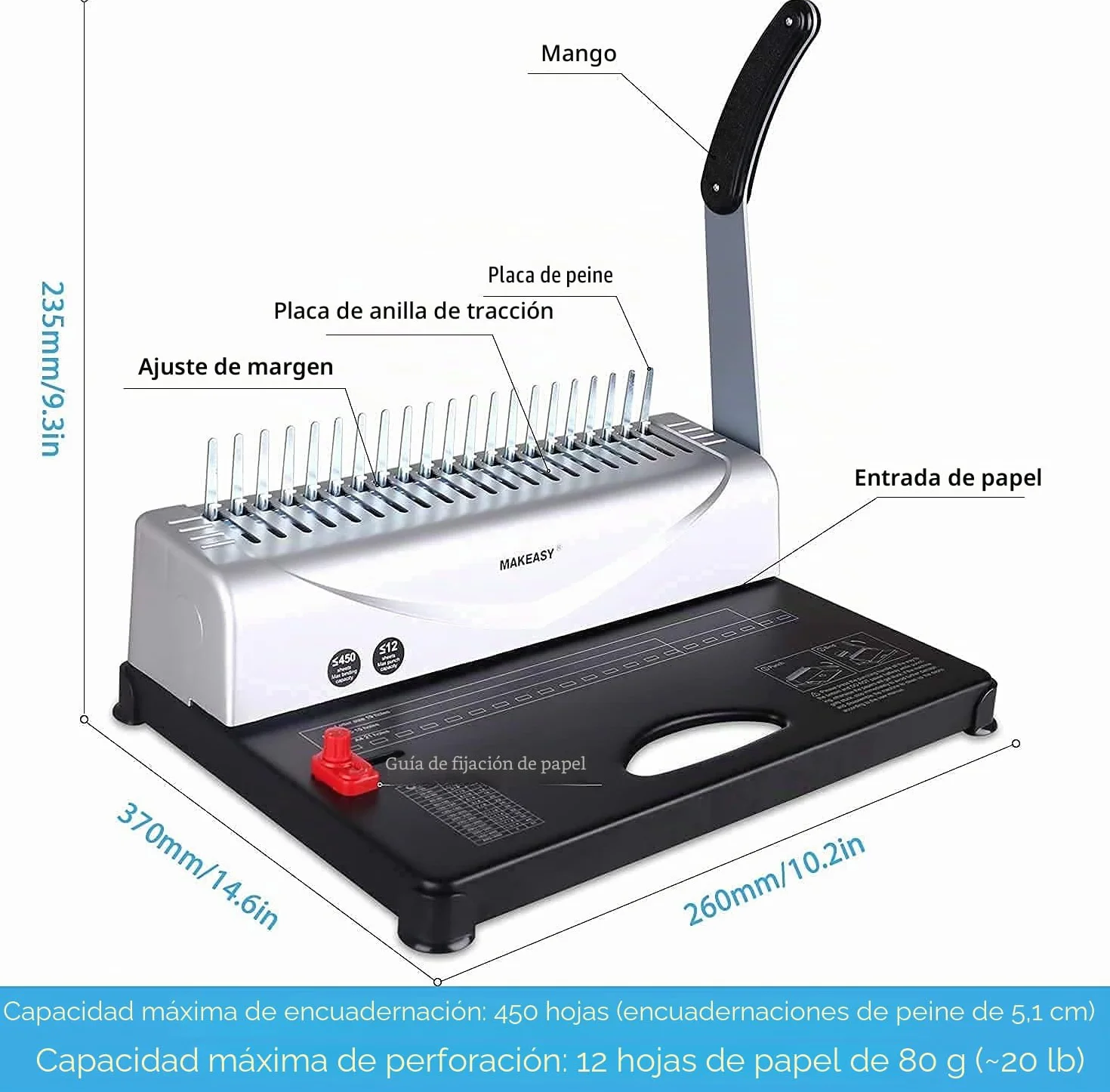 Makeasy Máquina de Encuadernación A4/A5, Encuadernación en Peine con 100 PCS 3/8'' PVC Kit de Inicio, Encuadernadora Manual para Encuadernar hasta 450 Hojas