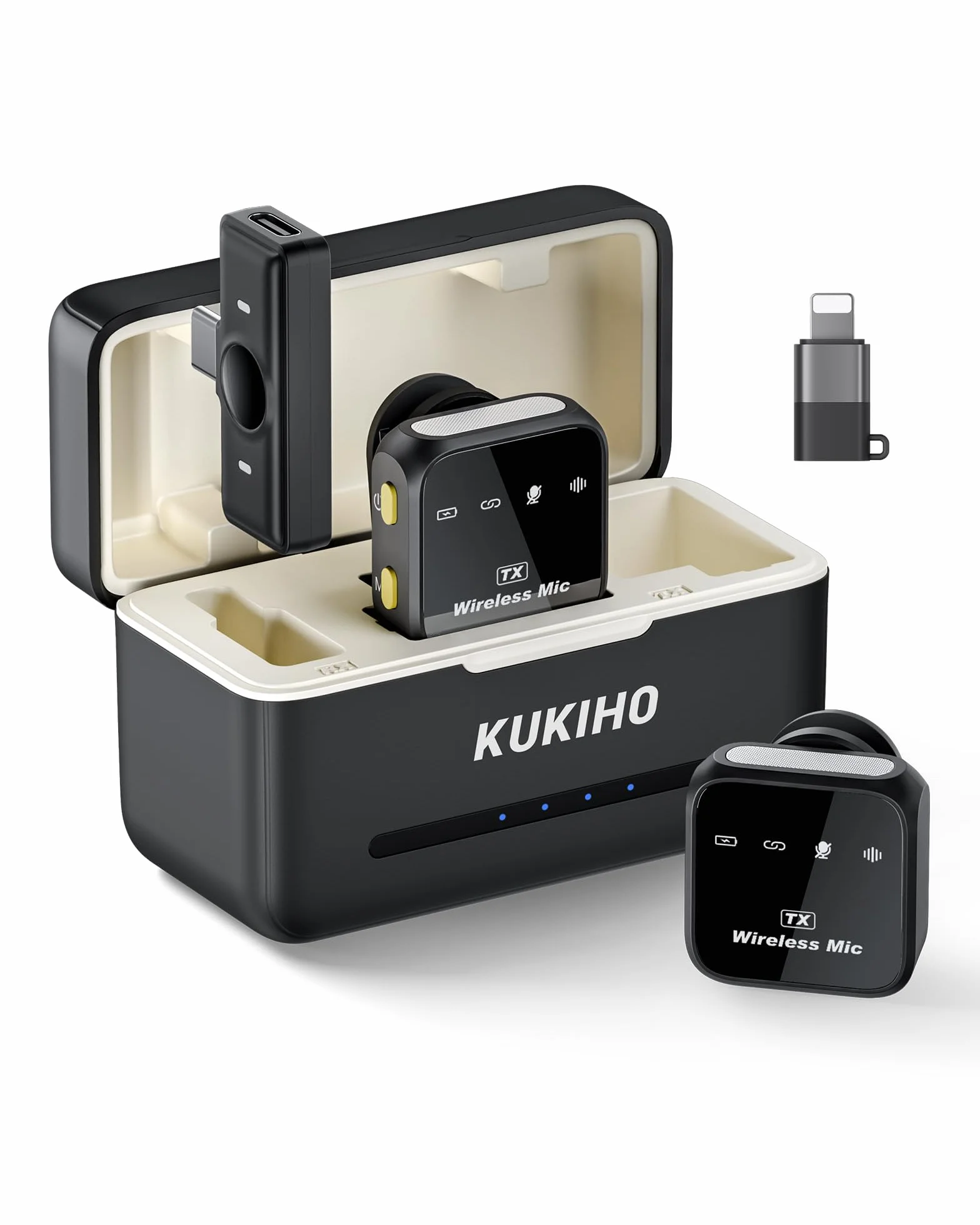 KUKIHO Microfono inalambrico Mini de Solapa para iPhone y Android, Clip para Video Vlogs YouTube TikTok Podcasts, Estuche de Carga, 80h autonomia, 50m Alcance