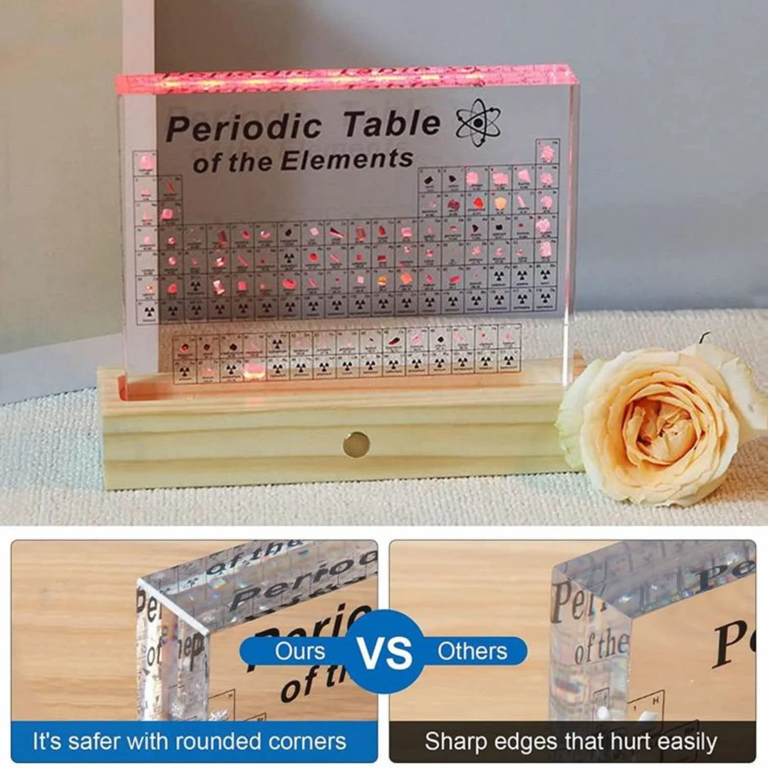 Mesa Periódica De Acrílico con 83 Real Elementos y base led de madera Tabla periódica de elementos Exhibición de Elementos Químicos para alumnos, profesores, aulas Tabla periodica de los elementos
