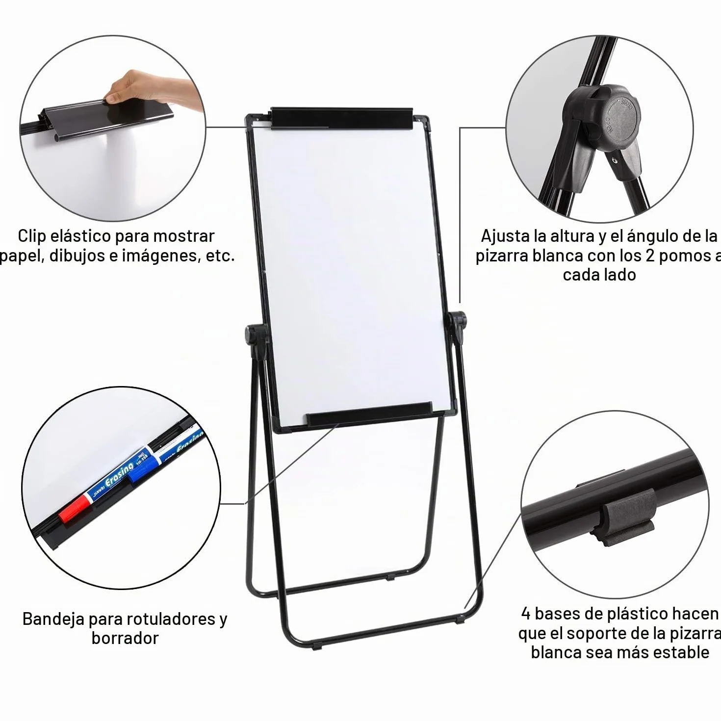 DOEWORKS Pizarra Blanca Caballete 90 x 60cm con U-Soporte, Pizarra Magnética de Doble Cara, Altura Ajustable & Plegable para Hogar Escuela Oficina, Negro